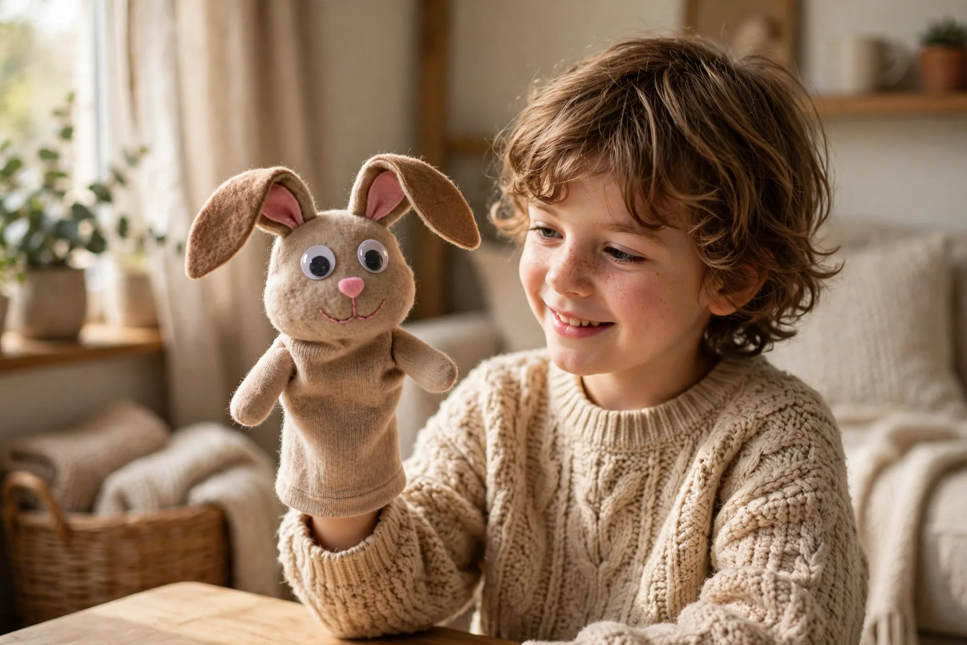 A child holding a bunny sock puppet with felt ears and googly eyes