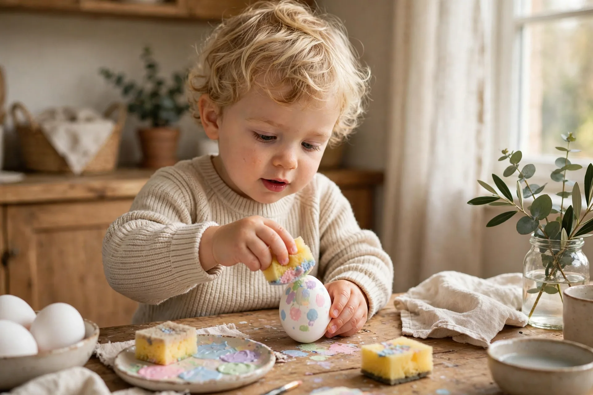 A toddler dabbing a sponge onto an Easter egg to make soft colorful spots