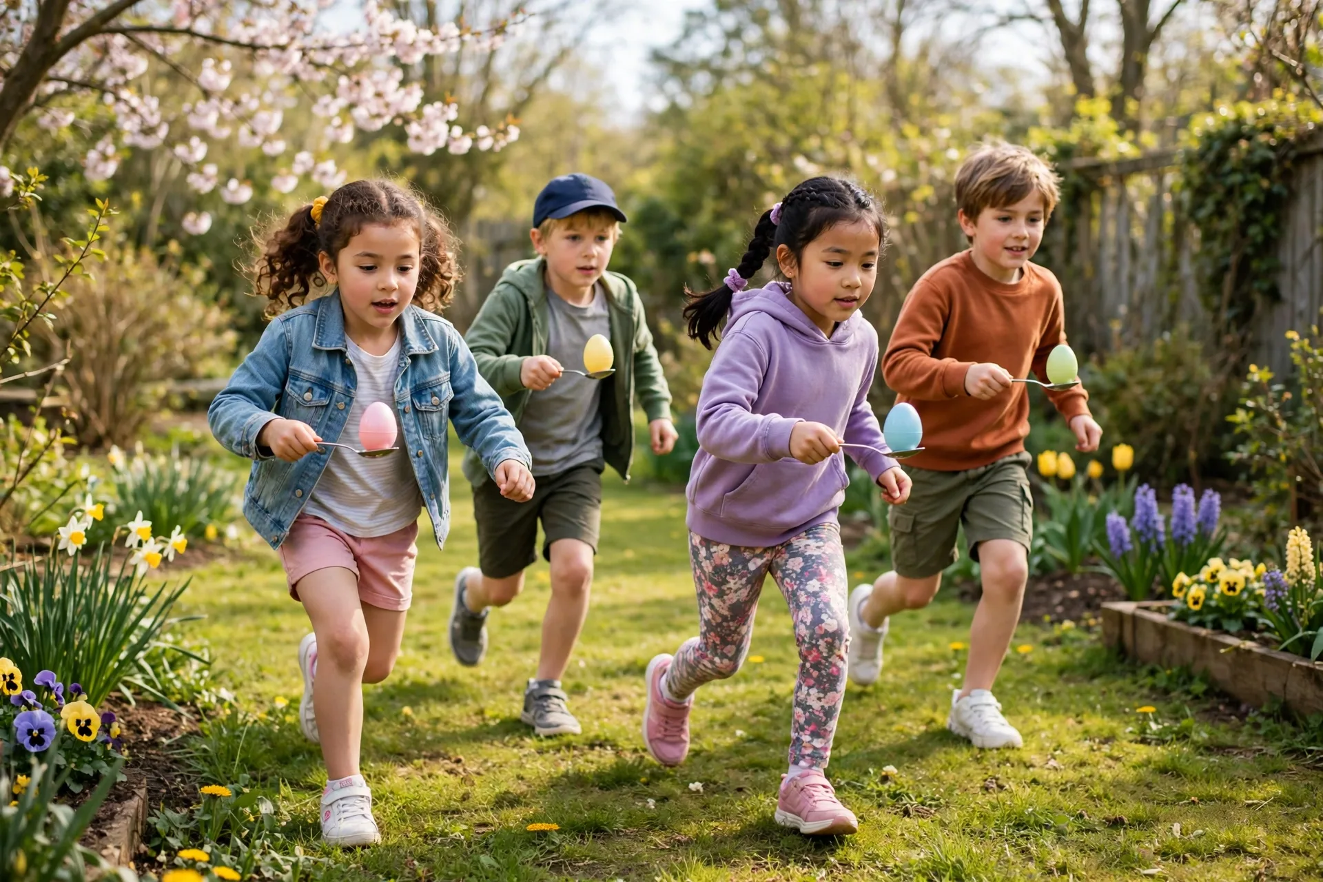 Kids racing across a lawn balancing plastic eggs on spoons