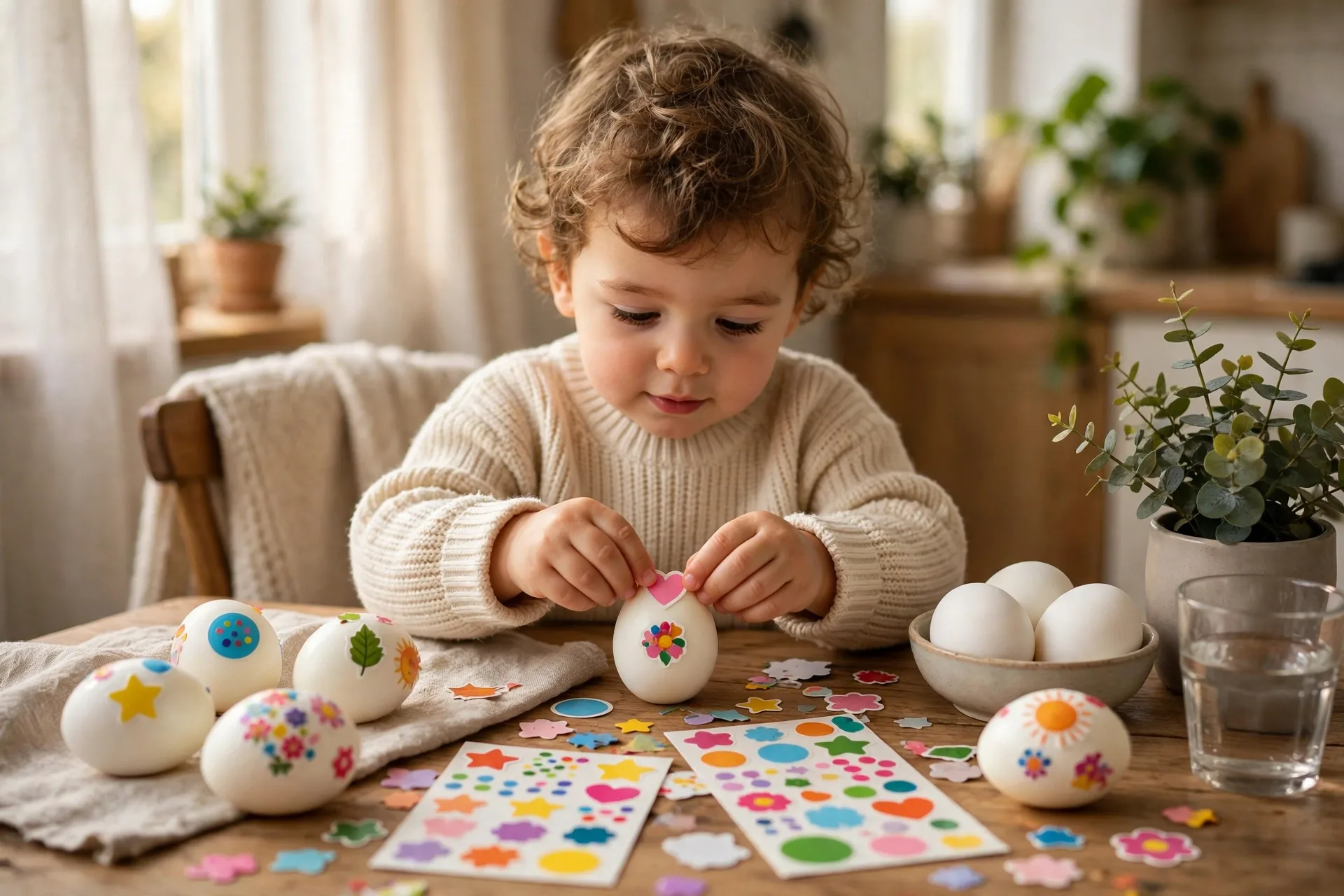 A toddler sticking colorful stickers onto a hard-boiled egg at the table