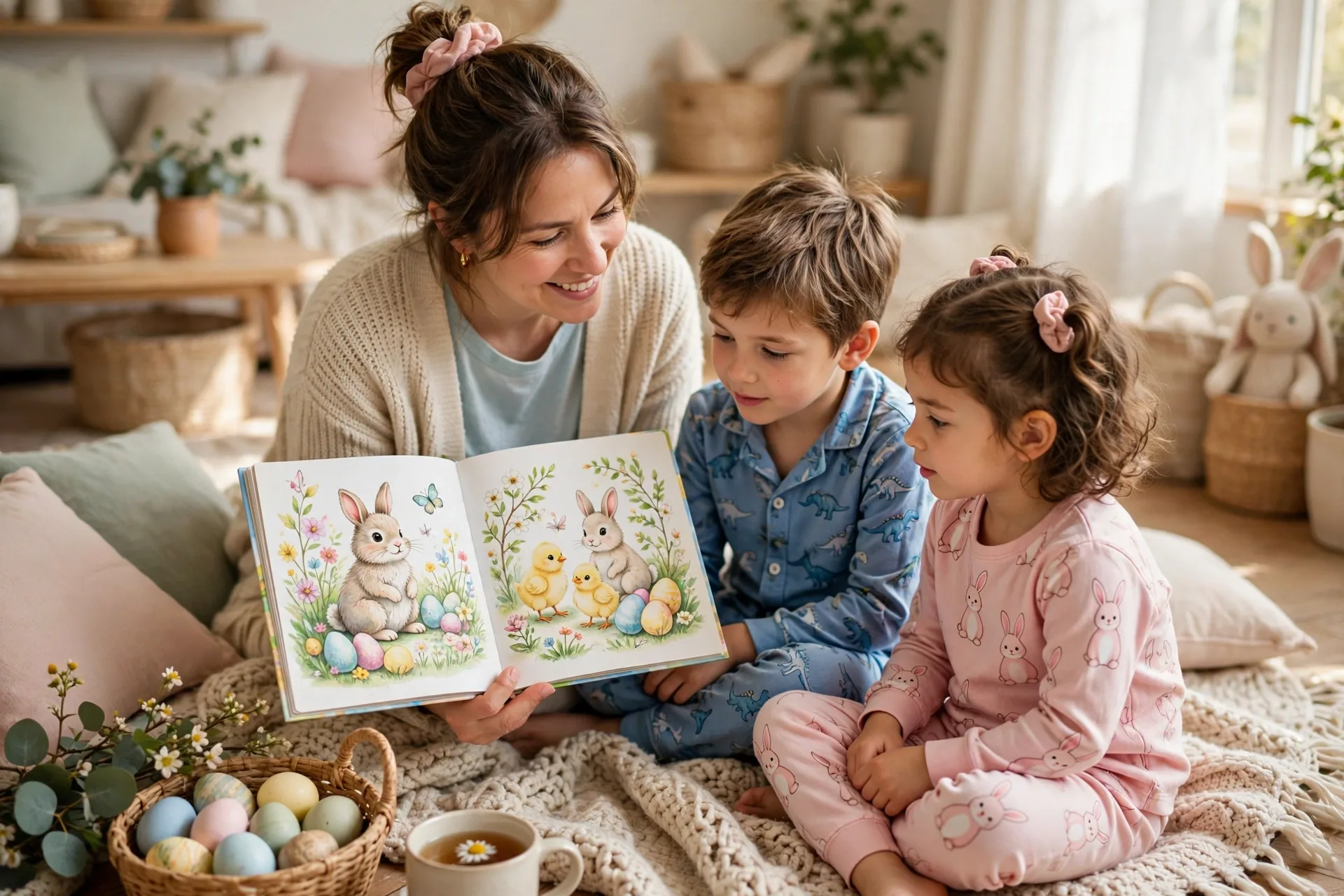 A mom reading Easter picture books to two kids in pajamas on a blanket