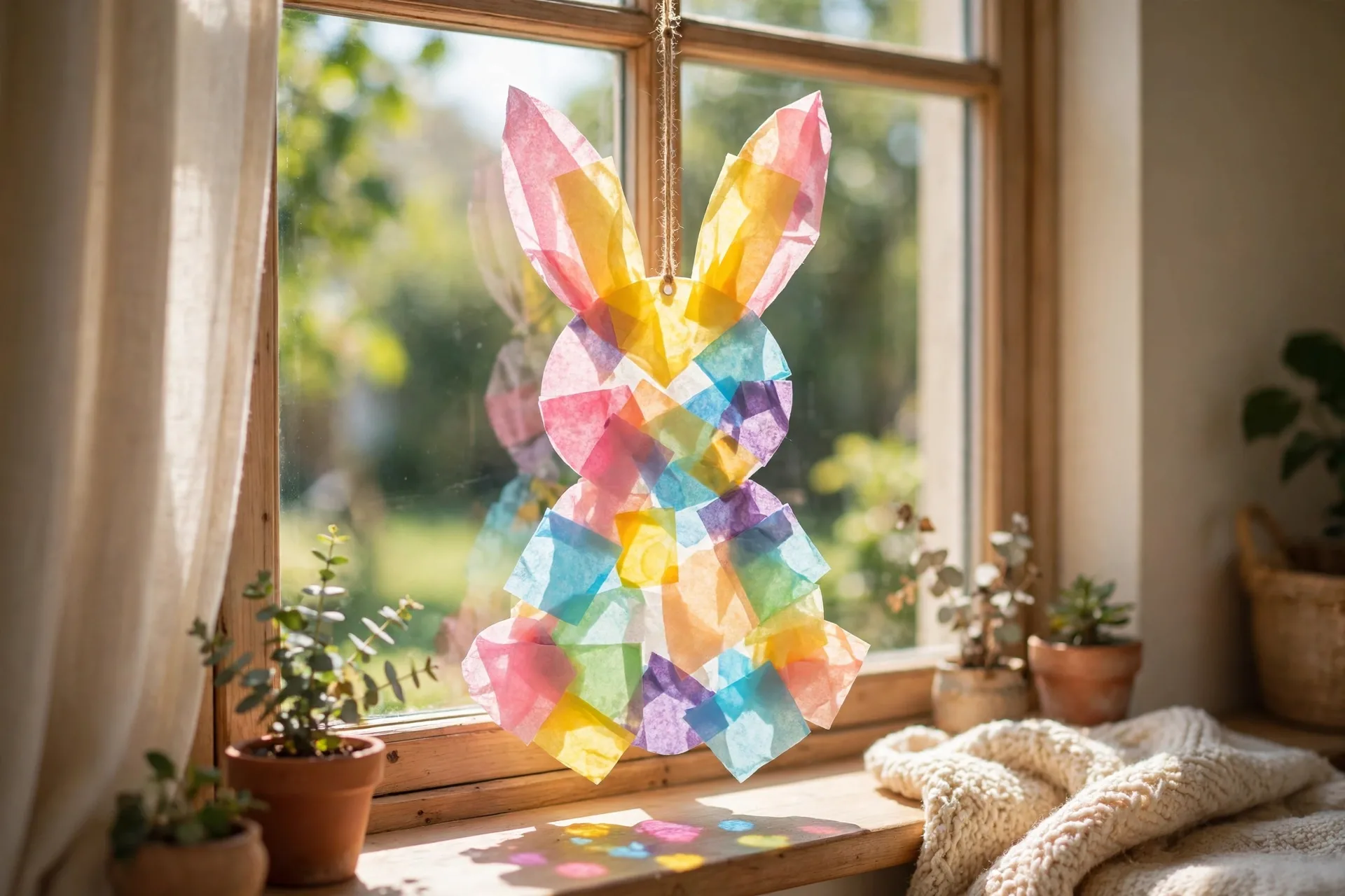 A colorful tissue paper suncatcher in the shape of a bunny hanging in a sunny window