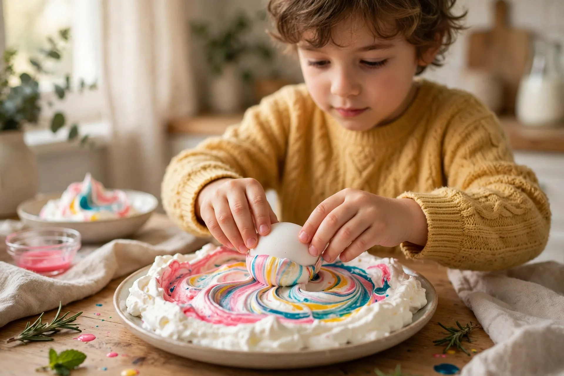 A child rolling a hard-boiled egg through swirled food coloring on whipped topping