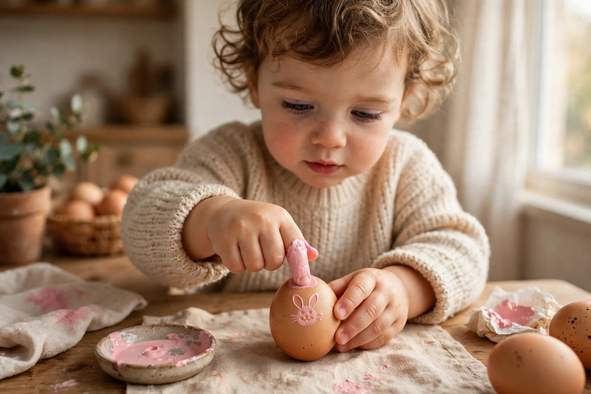 A toddler pressing a painted thumb onto an egg to make a tiny bunny face print