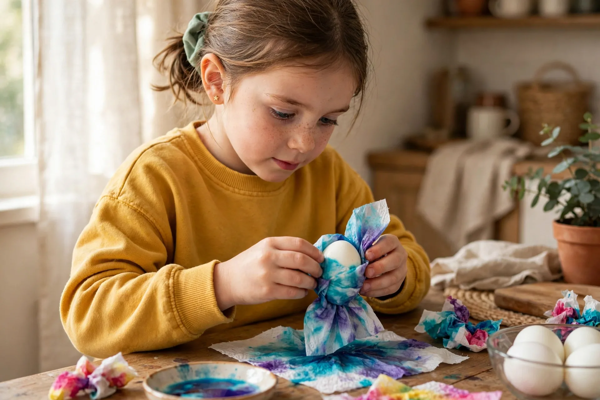 A child wrapping a hard-boiled egg in a food-coloring soaked paper towel to make a tie-dye egg