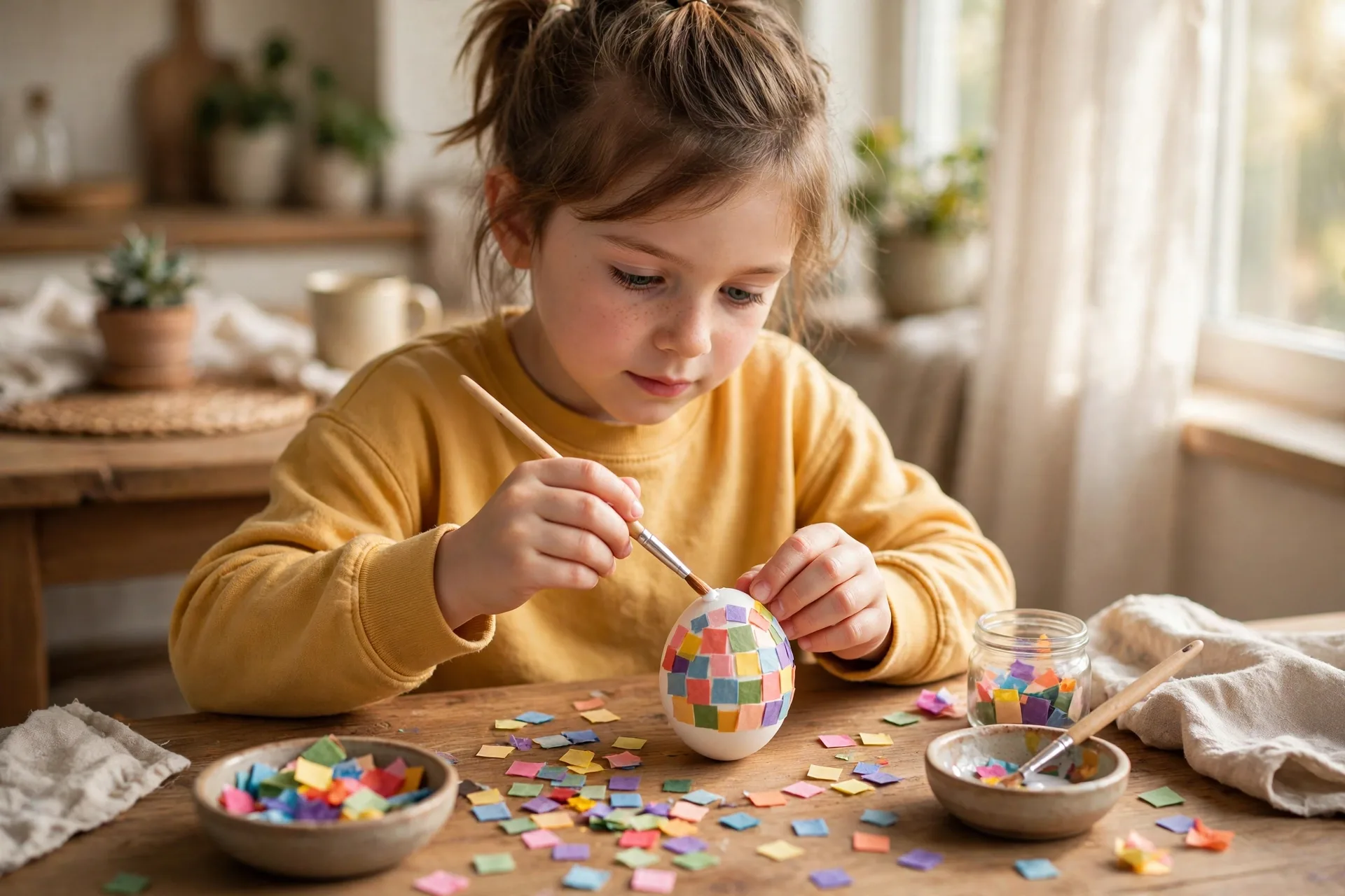 A child gluing tiny squares of colored tissue paper onto an egg to make a mosaic