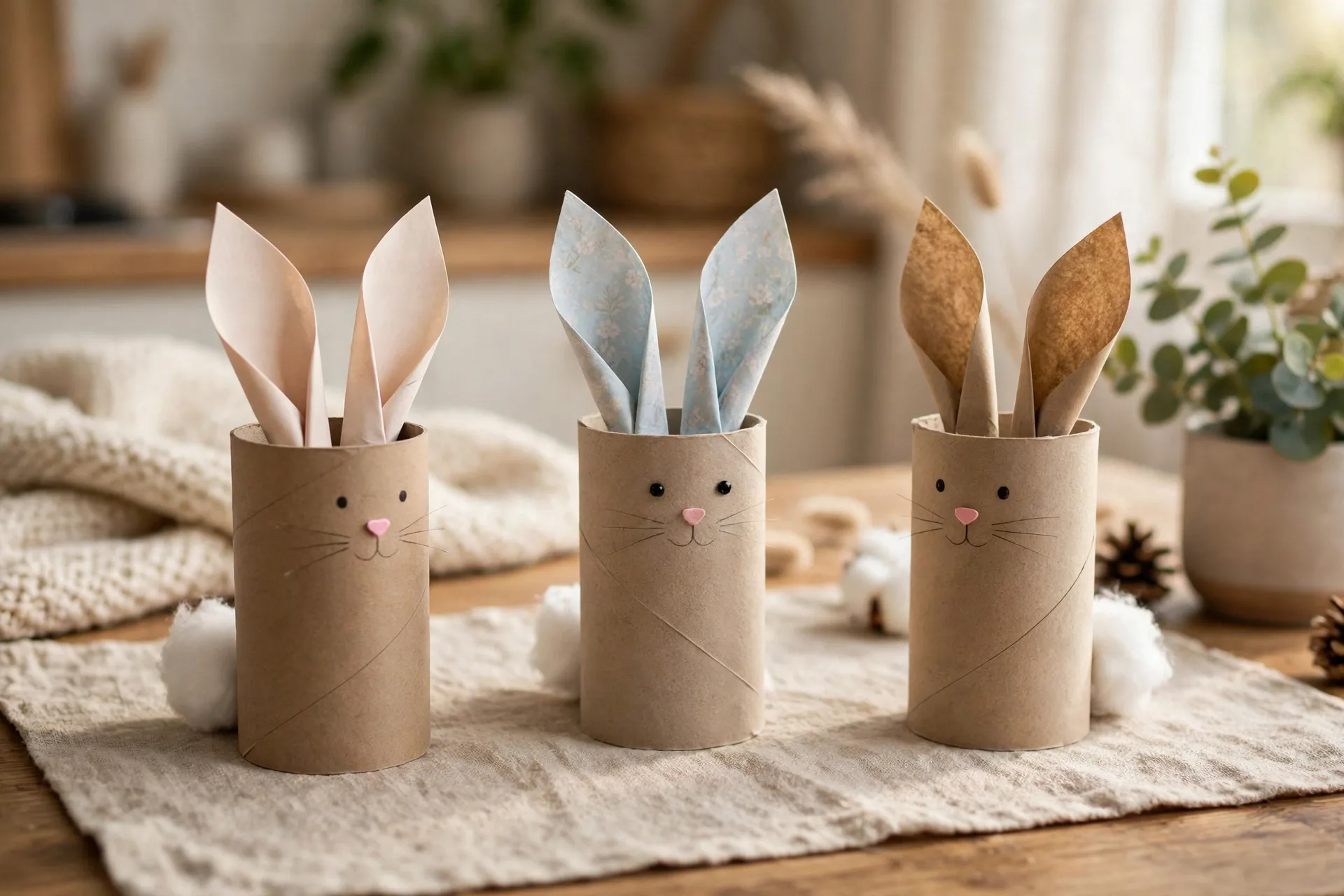 Toilet roll bunnies with folded paper ears and cotton ball tails on a table