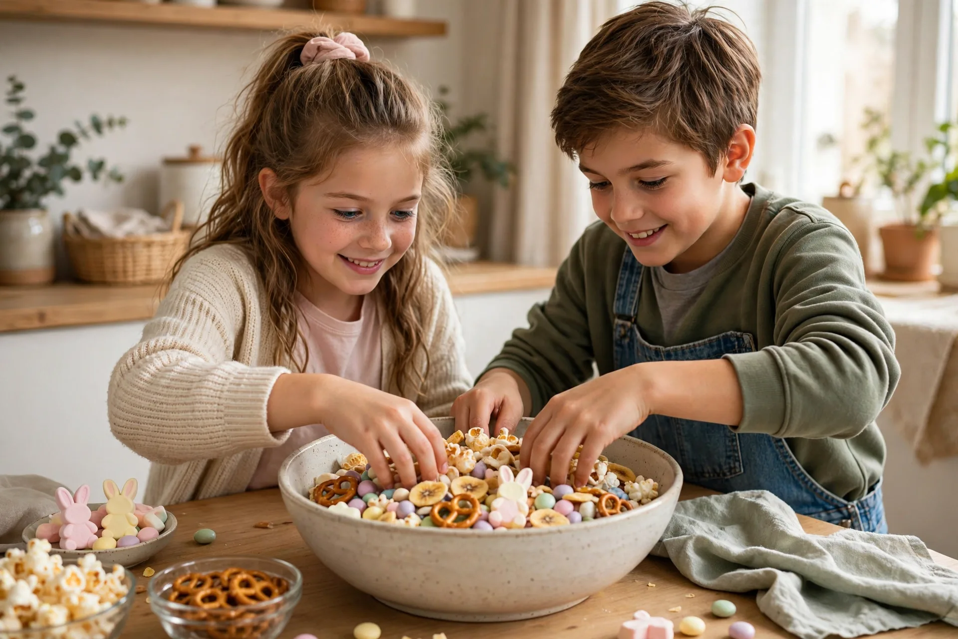 Kids mixing bunny trail mix with pretzels, popcorn, and pastel candies in a big bowl