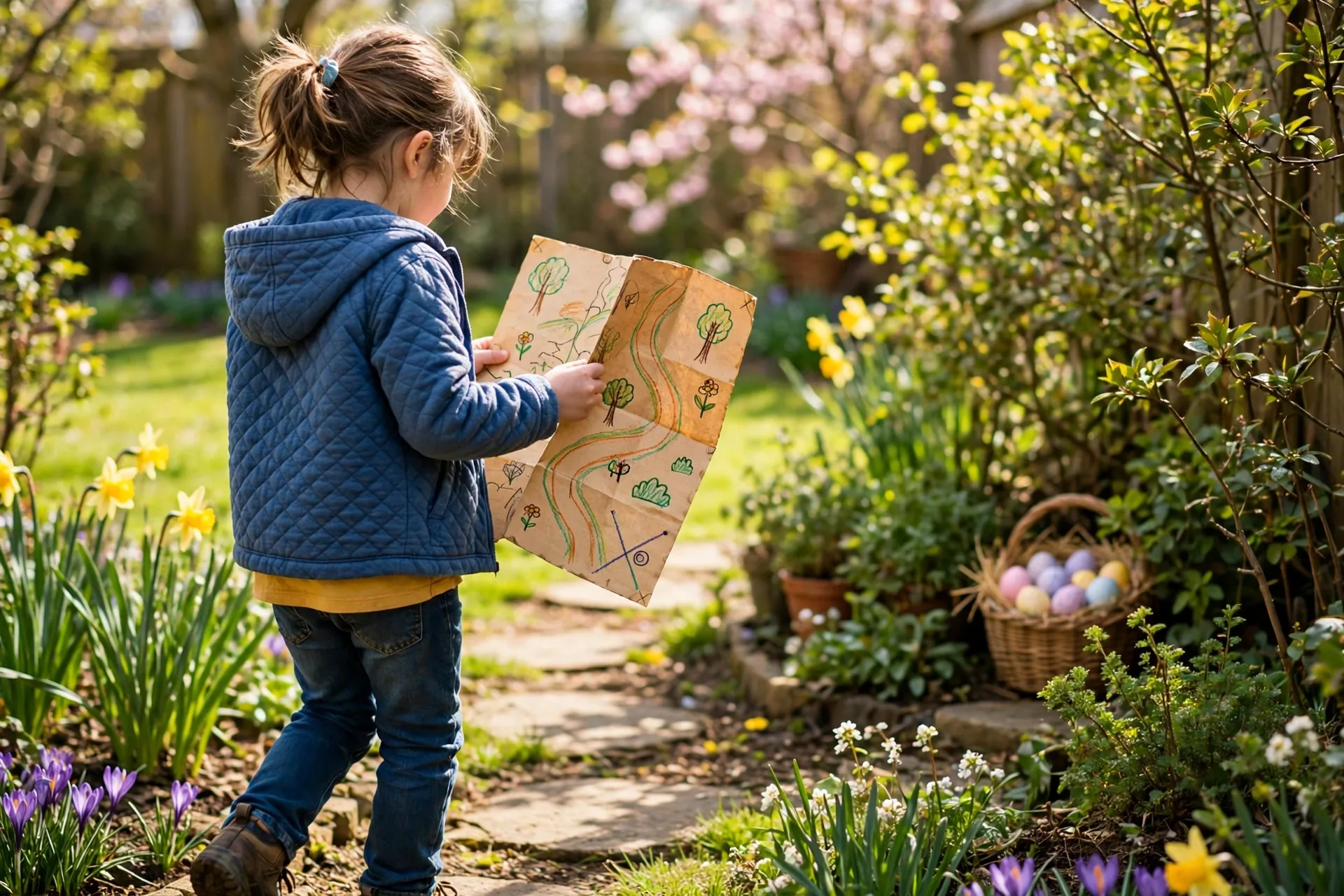 A child following a hand-drawn Easter treasure map across the backyard to a hidden basket