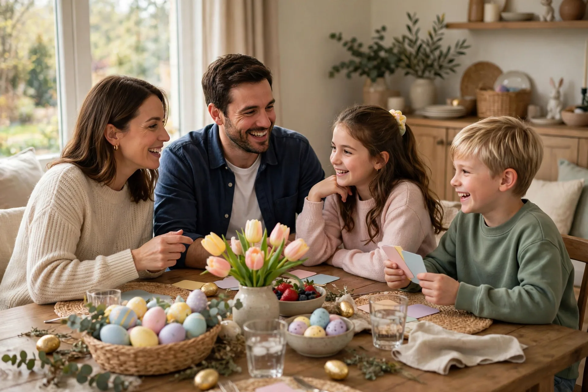 A family playing Easter trivia and would-you-rather around the dinner table