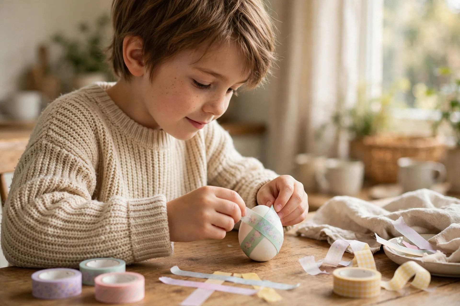 A child wrapping strips of pastel washi tape around a hard-boiled egg