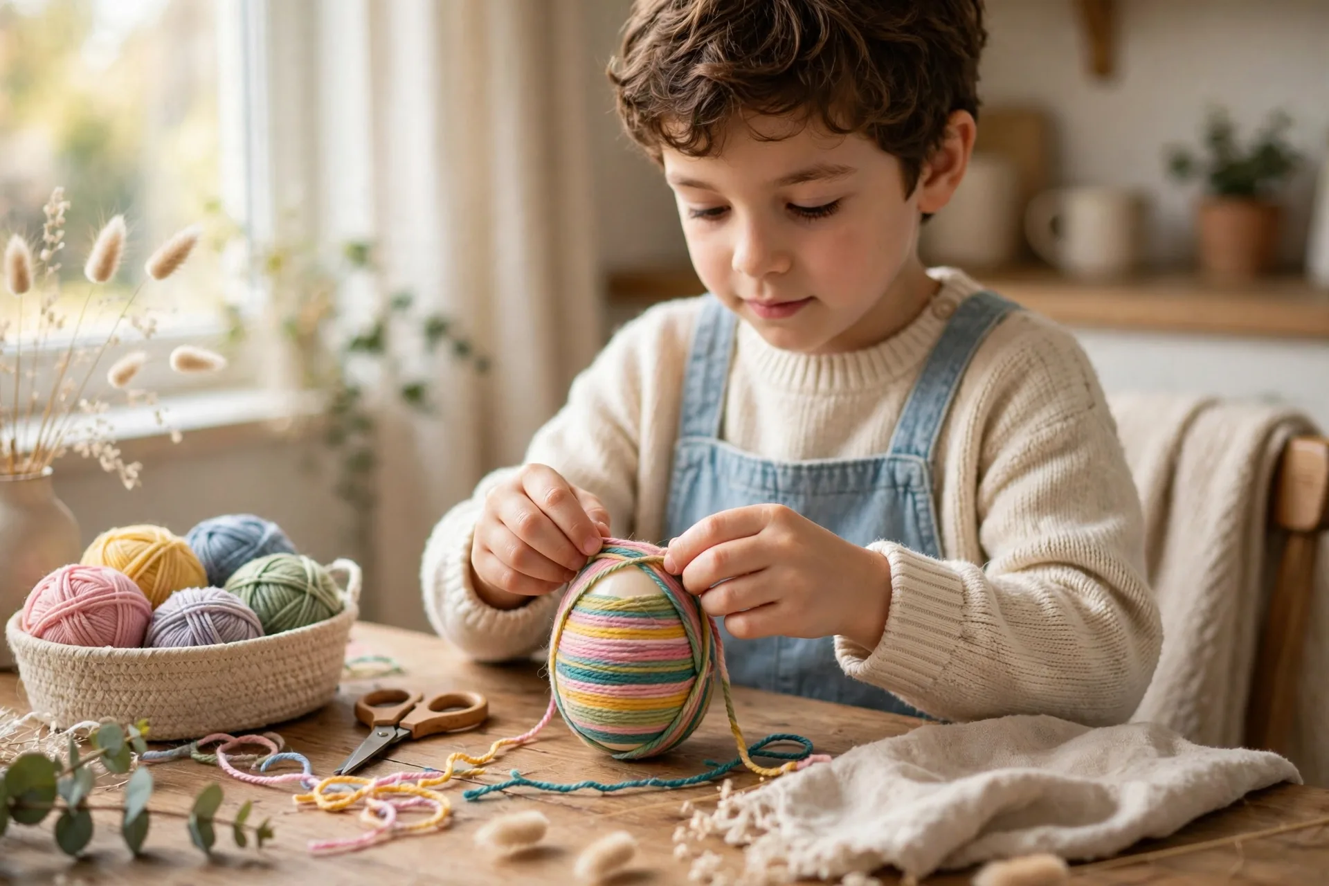 A child wrapping colorful yarn around a plastic egg to make a soft striped Easter egg