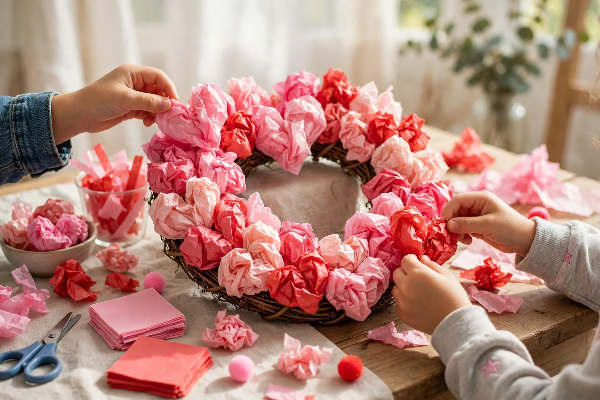 Tissue paper heart wreath
