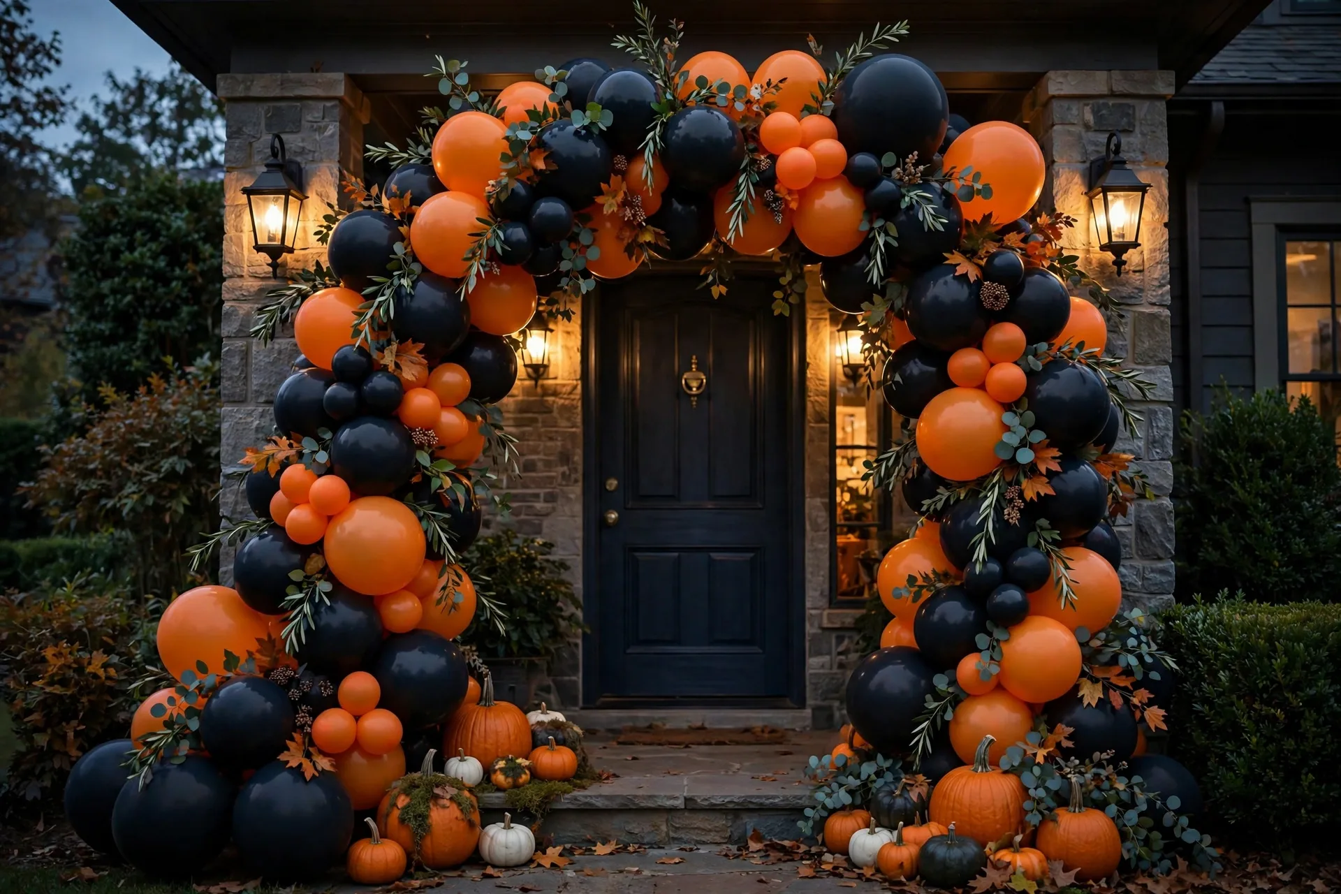 Lush black and orange Halloween balloon arch framing a front doorway at dusk with glowing porch light
