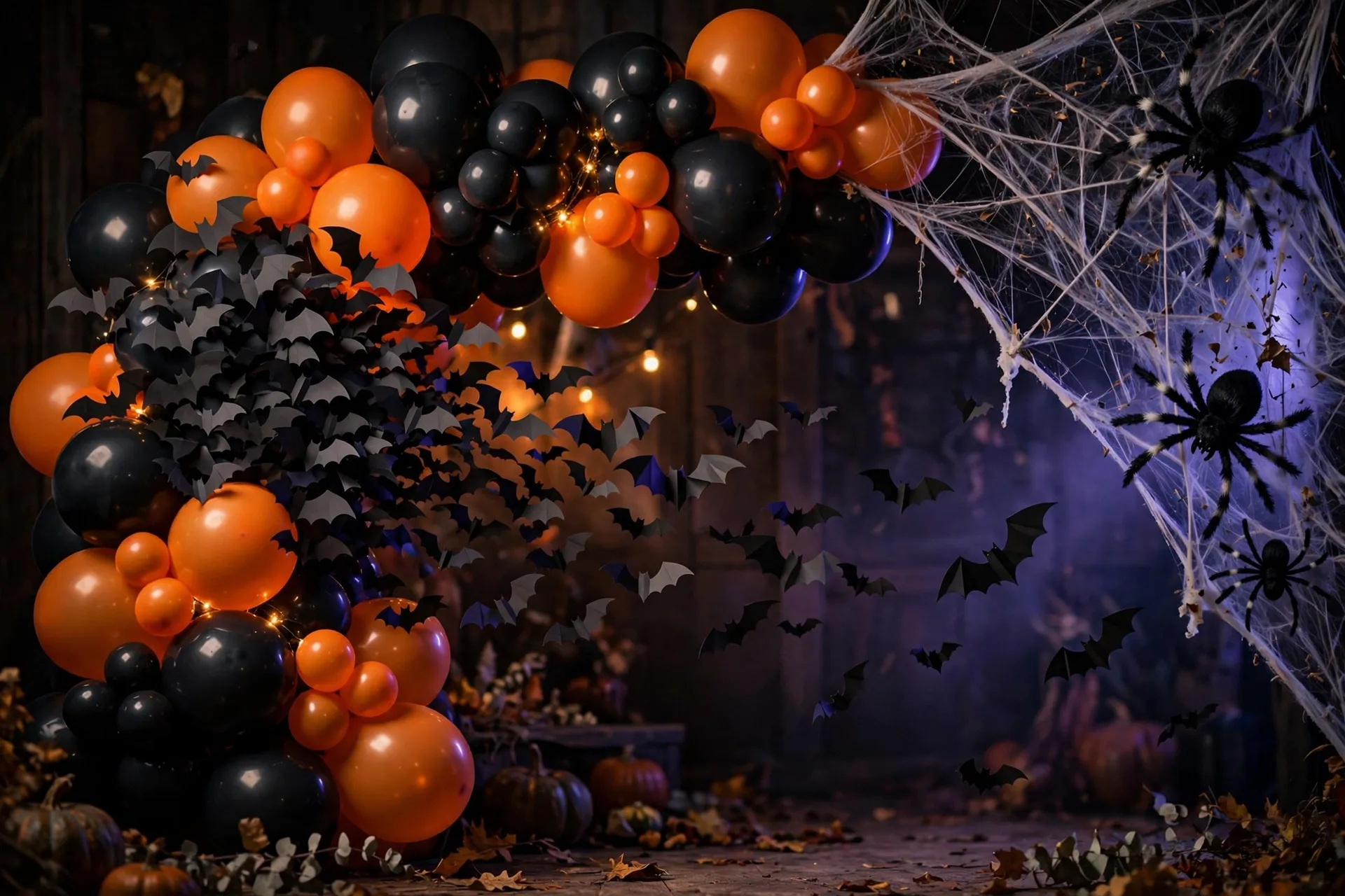 Black and orange Halloween balloon arch with faux spiderwebbing, giant plastic spiders and paper bats