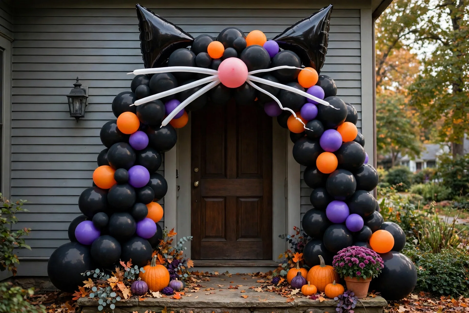 Black-cat Halloween balloon arch with cat ears, pink nose balloon and whisker streamers over a doorway