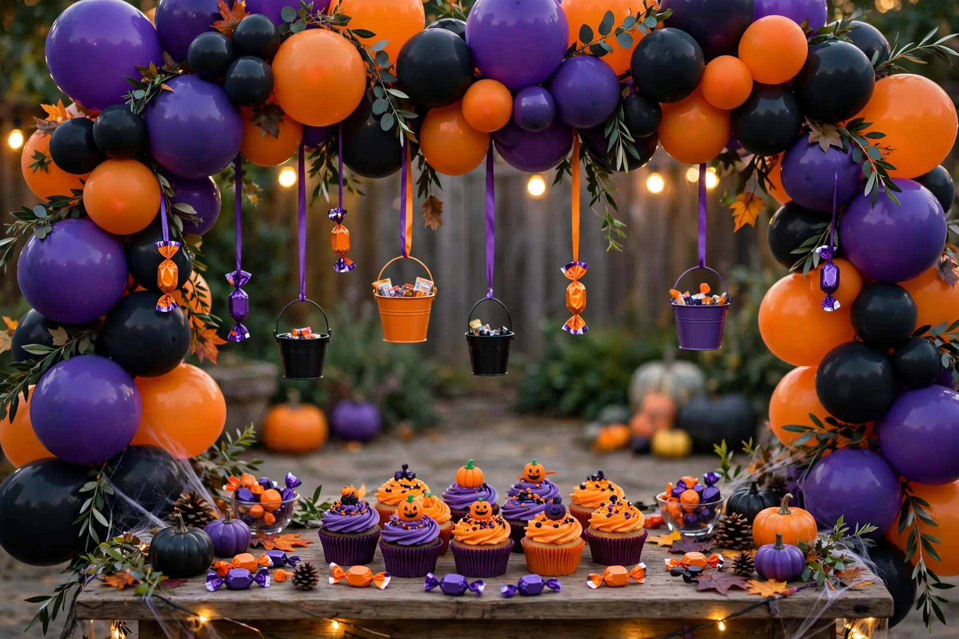 Purple and orange Halloween balloon arch framing a candy table with hanging treat buckets