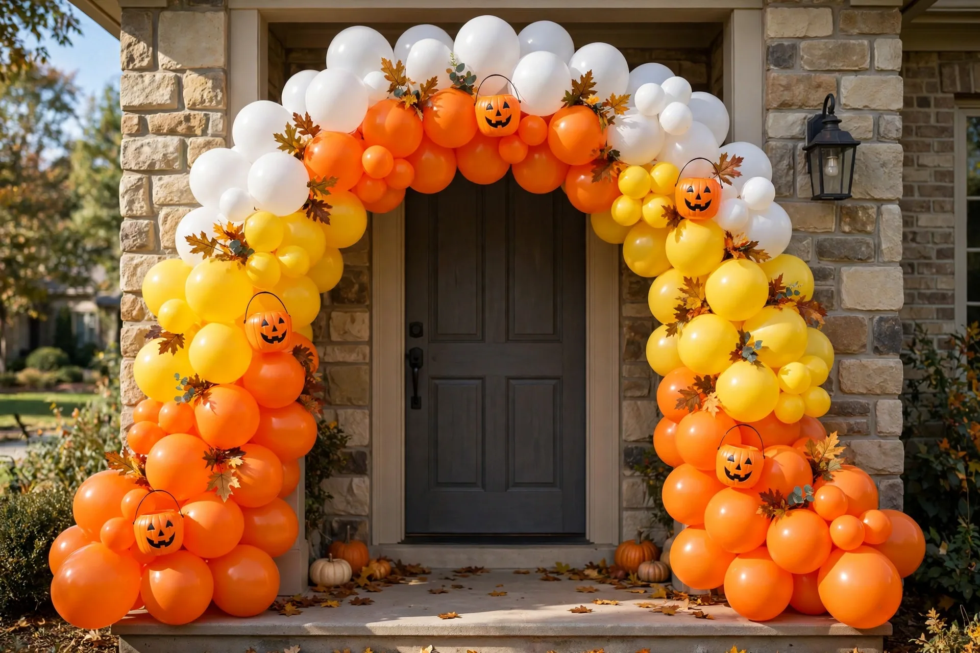 Candy corn Halloween balloon arch in white, yellow and orange stripes over a doorway