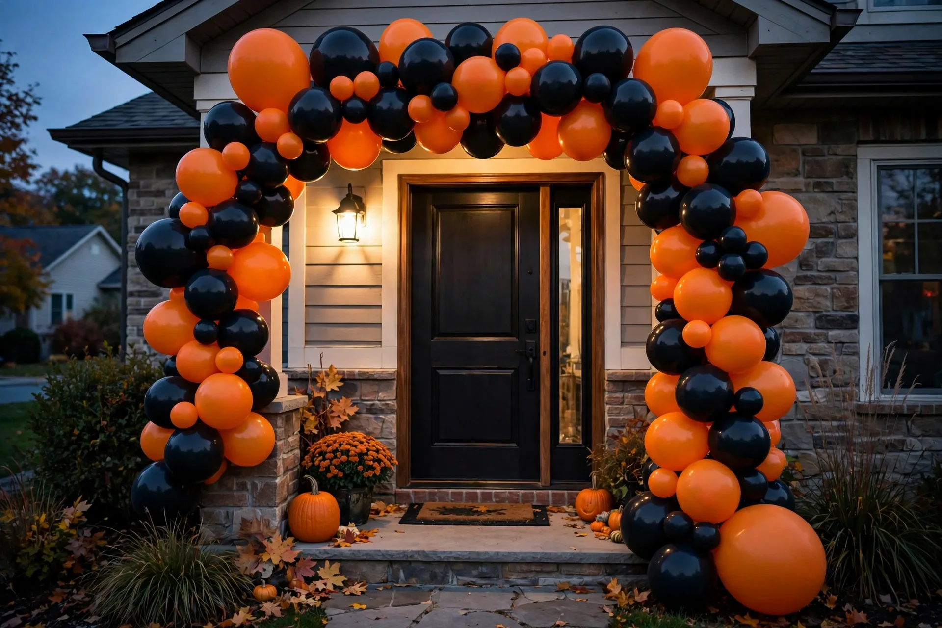Classic black and orange Halloween balloon arch framing a front doorway at dusk