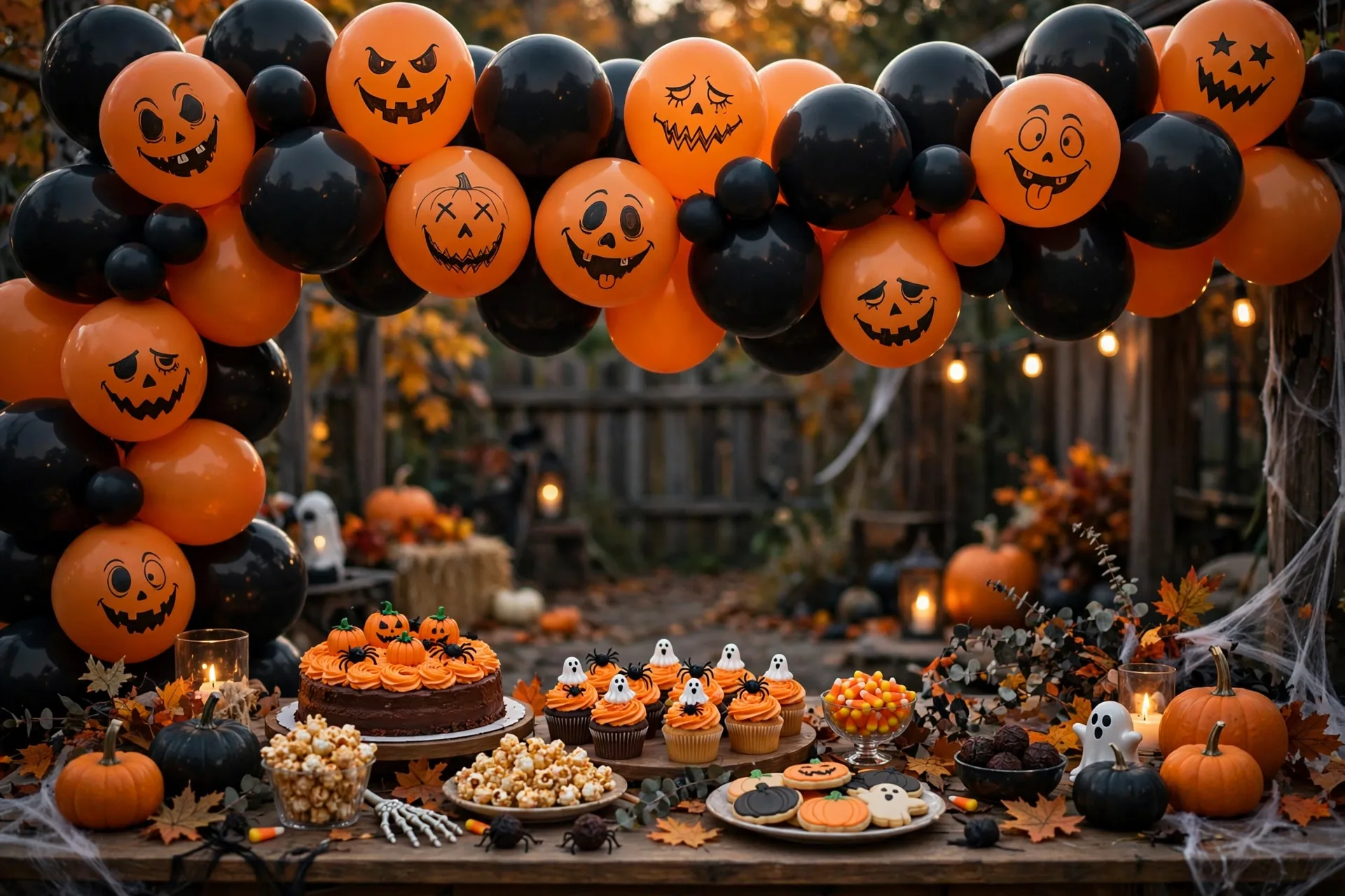 Black and orange Halloween balloon arch with hand-drawn jack-o'-lantern faces on the orange balloons