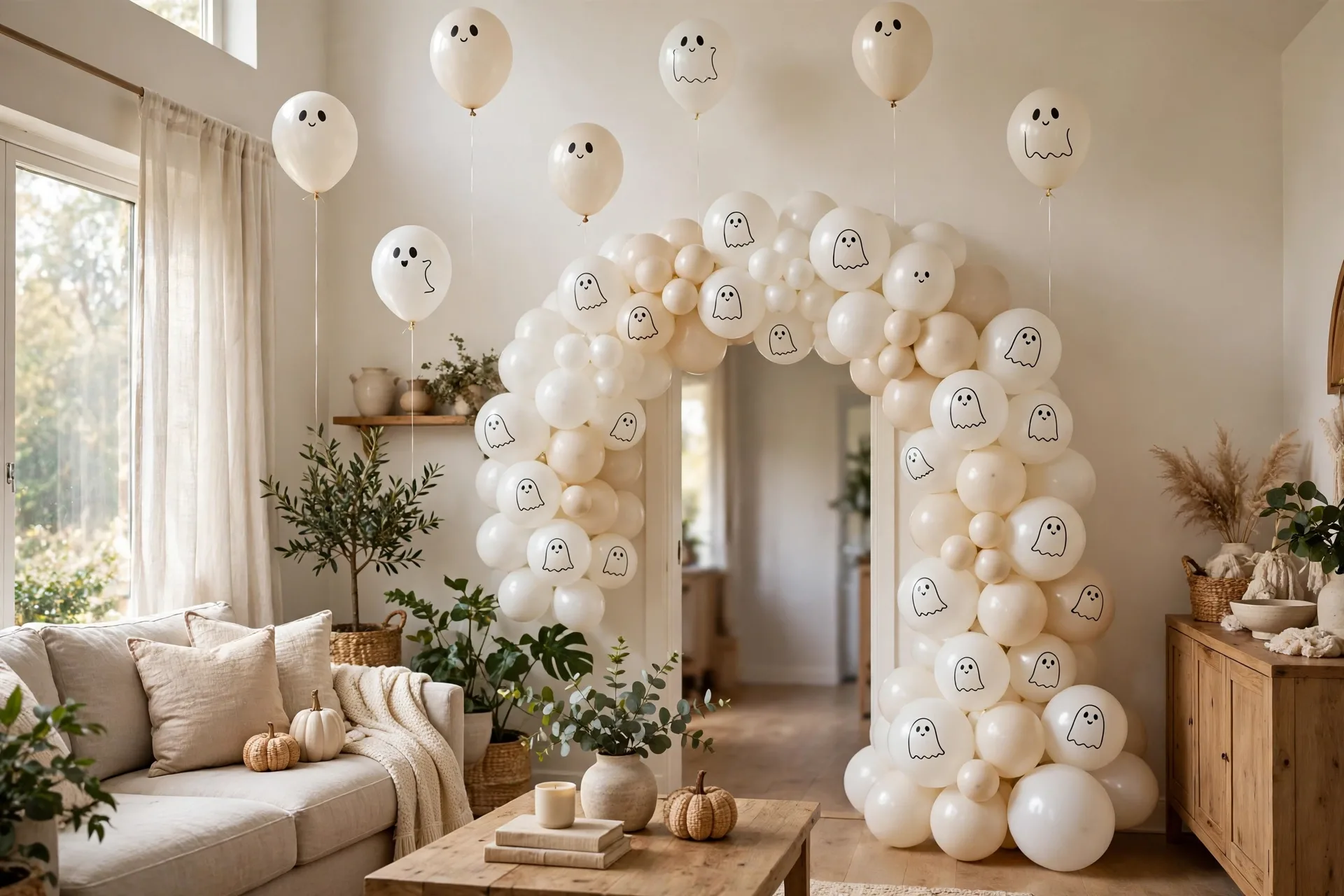 White and cream Halloween balloon arch with hand-drawn ghost faces and floating ghost balloons above