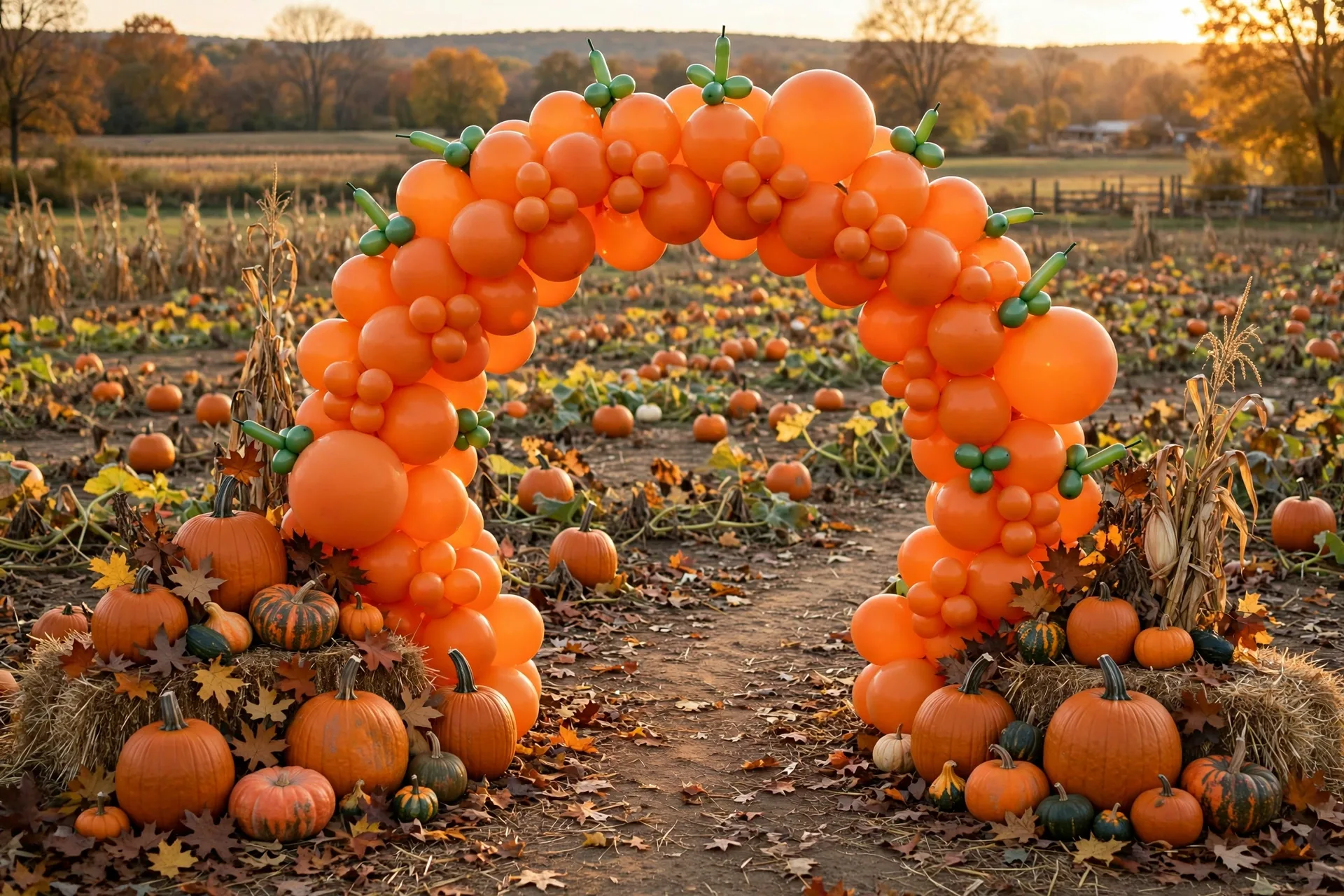 Orange pumpkin-patch Halloween balloon arch with green balloon stems and real pumpkins at the base