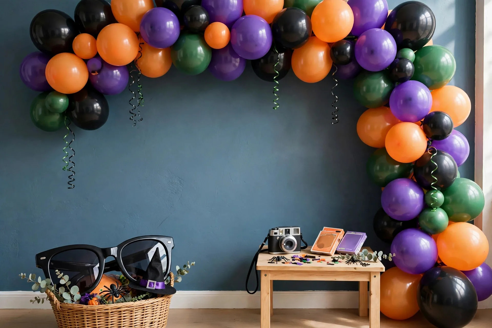 Bright Halloween balloon arch photo backdrop with a basket of props and an instant camera on a side table