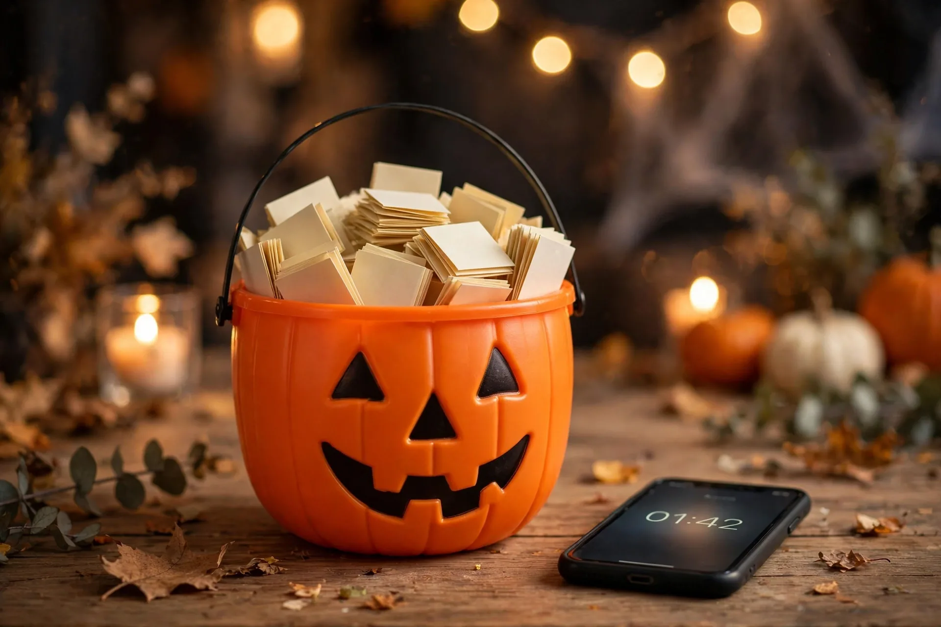 Plastic pumpkin bucket filled with folded Halloween charade clue slips next to a phone timer