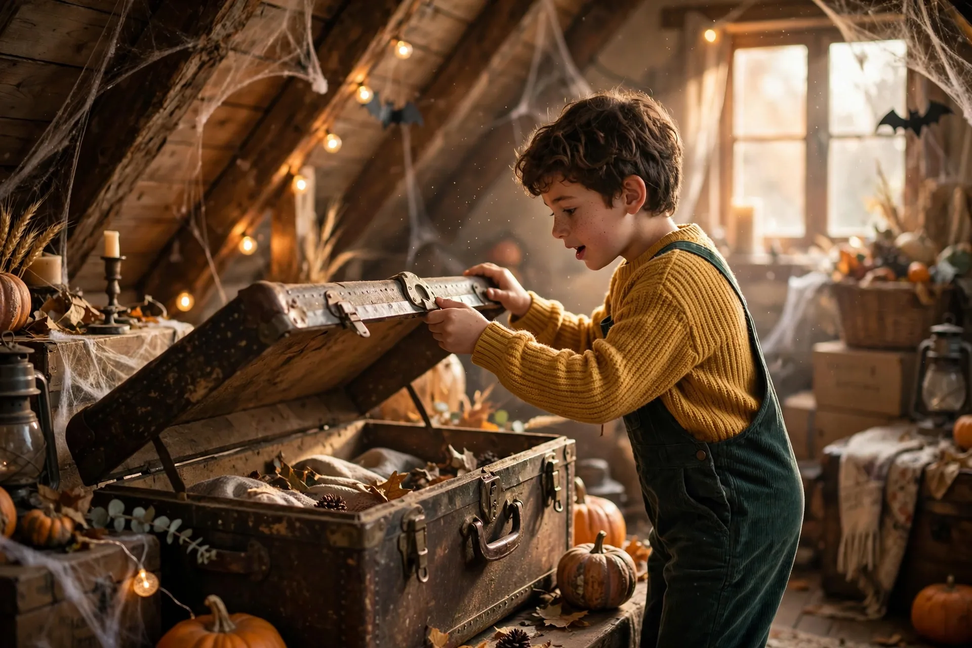 An actor crouching beside an old trunk in an attic as the lid rattles and shakes by itself