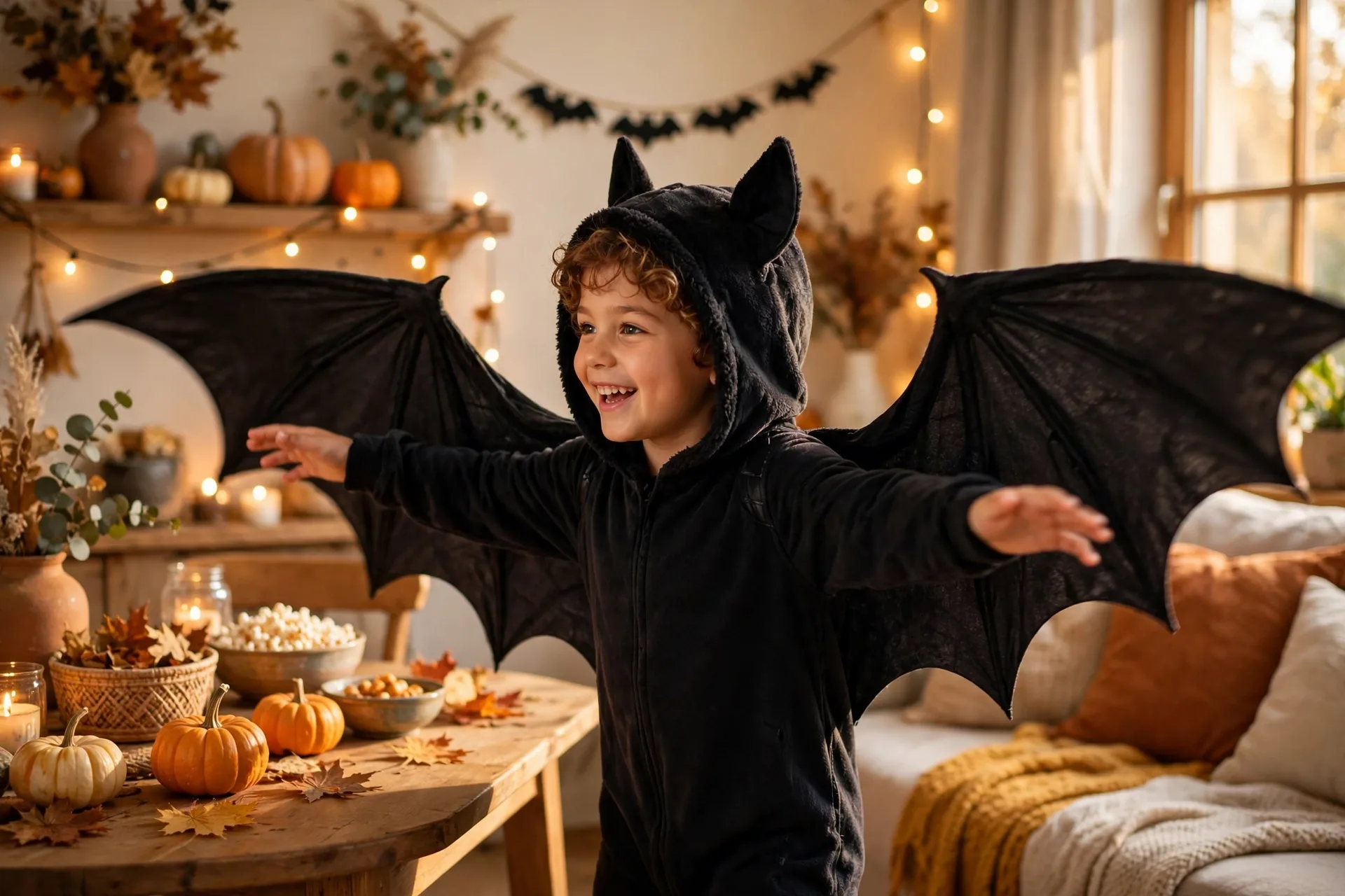 A child actor flapping arms like bat wings while pretending to fly around the room