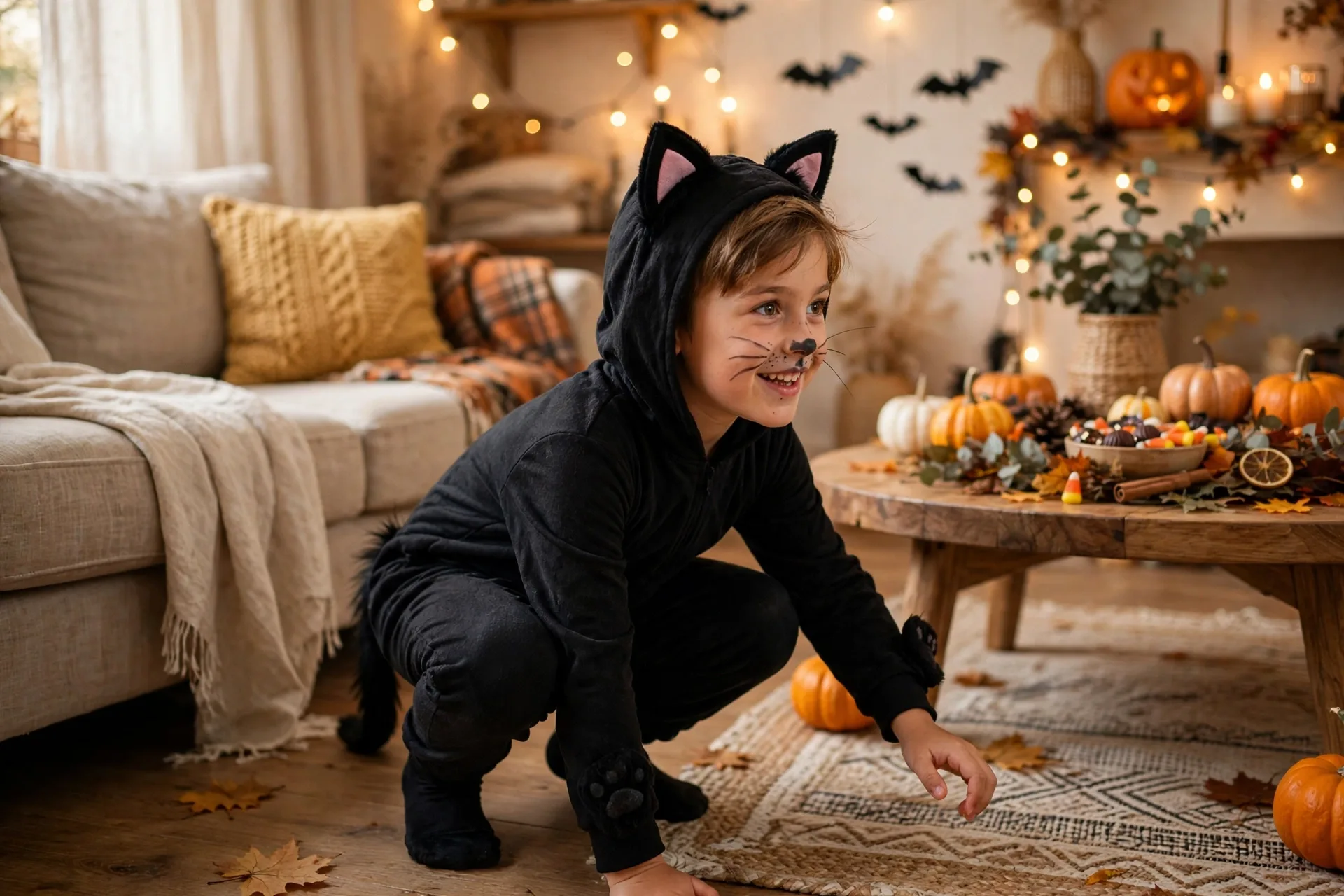 A child on all fours acting as a black cat with an arched back