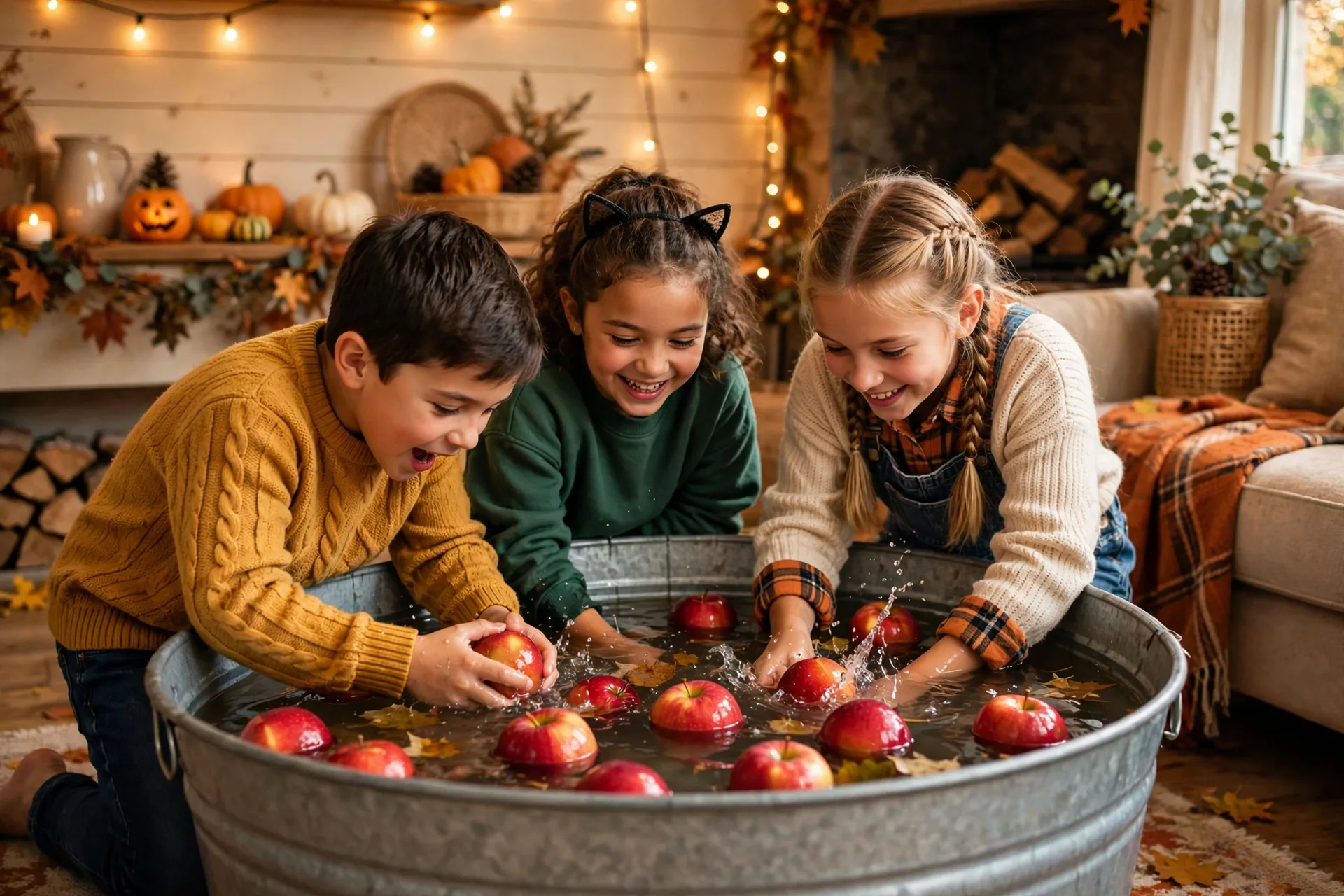 A child acting out bobbing for apples with hands behind the back