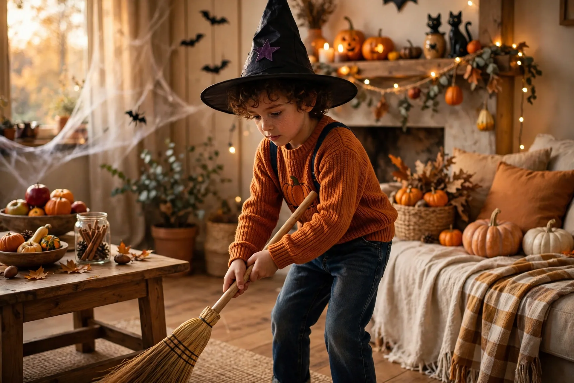 An actor miming a broom sweeping the floor all by itself while the witch watches in shock