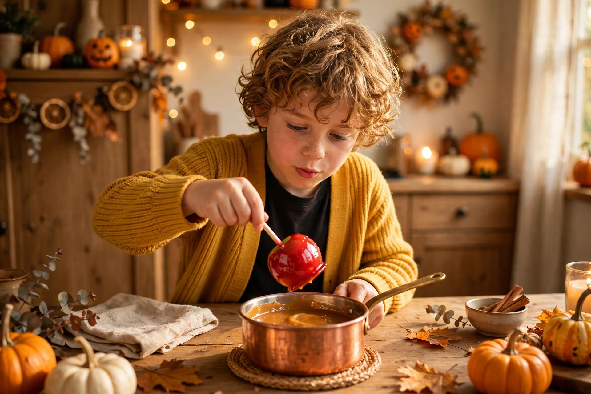 A child actor miming dipping a candy apple into a pot of caramel at a Halloween party