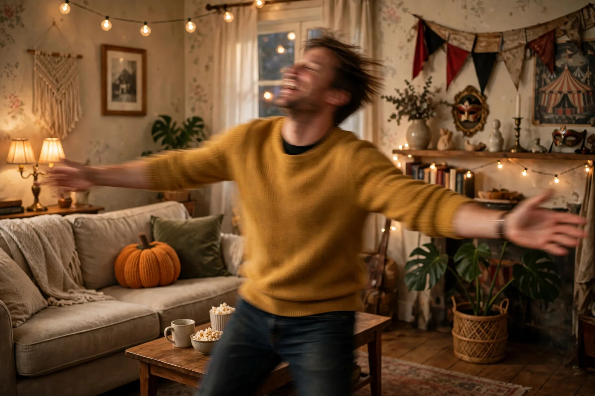 An actor spinning around like a haunted carnival ride that will not slow down