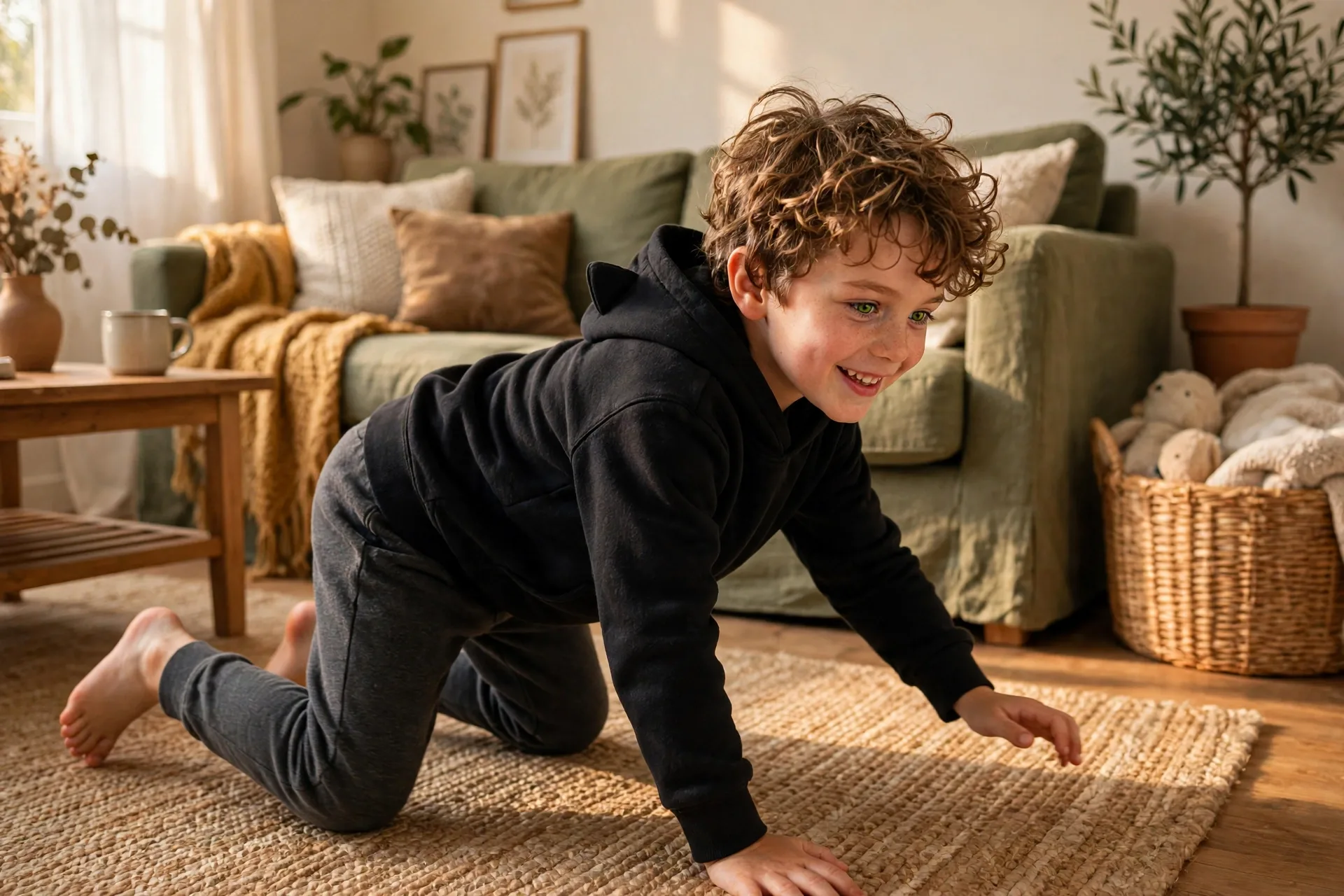 A child actor on all fours spinning in circles chasing an imaginary tail like a black cat