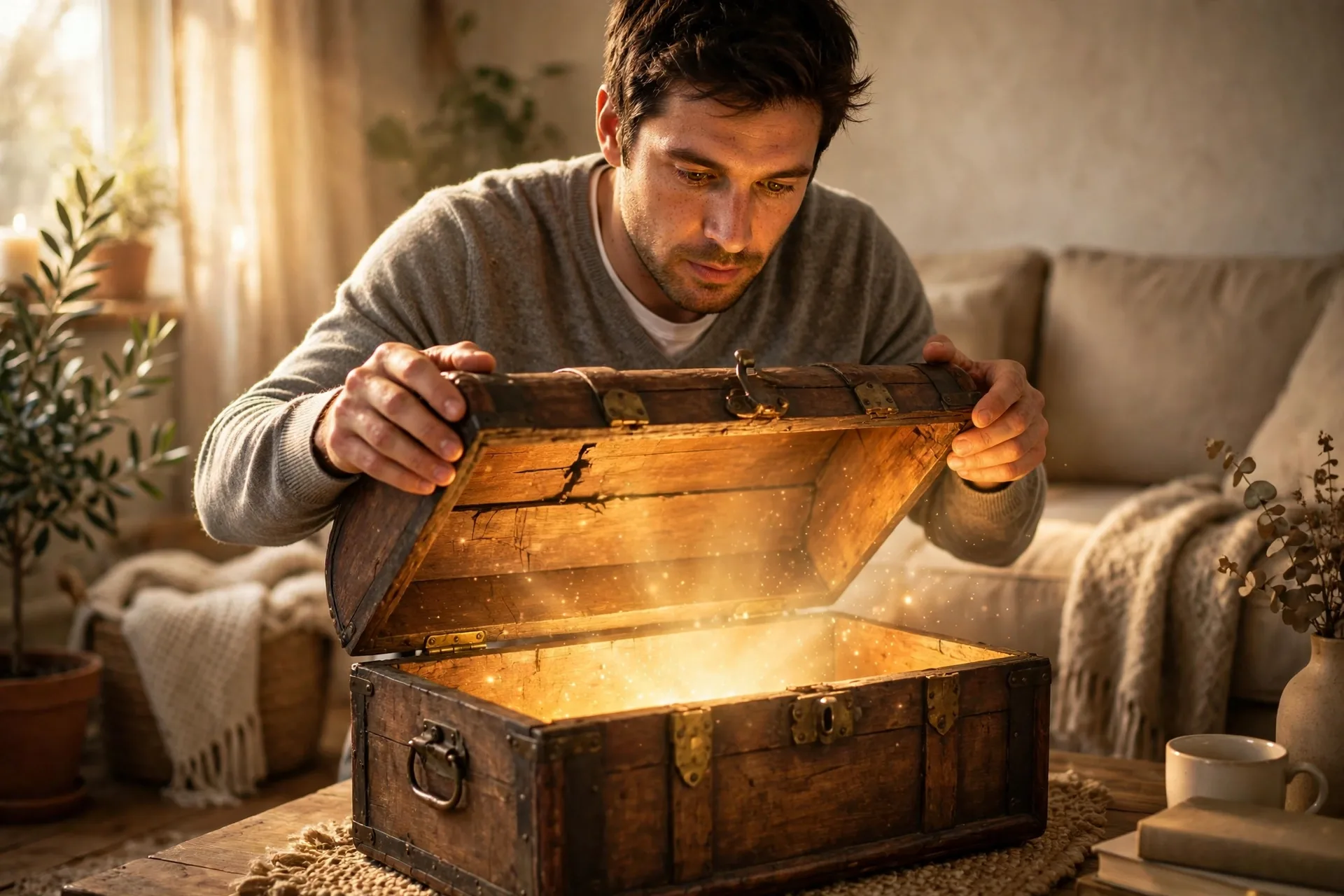 An actor slowly lifting the lid of a creaking treasure chest as golden light spills out