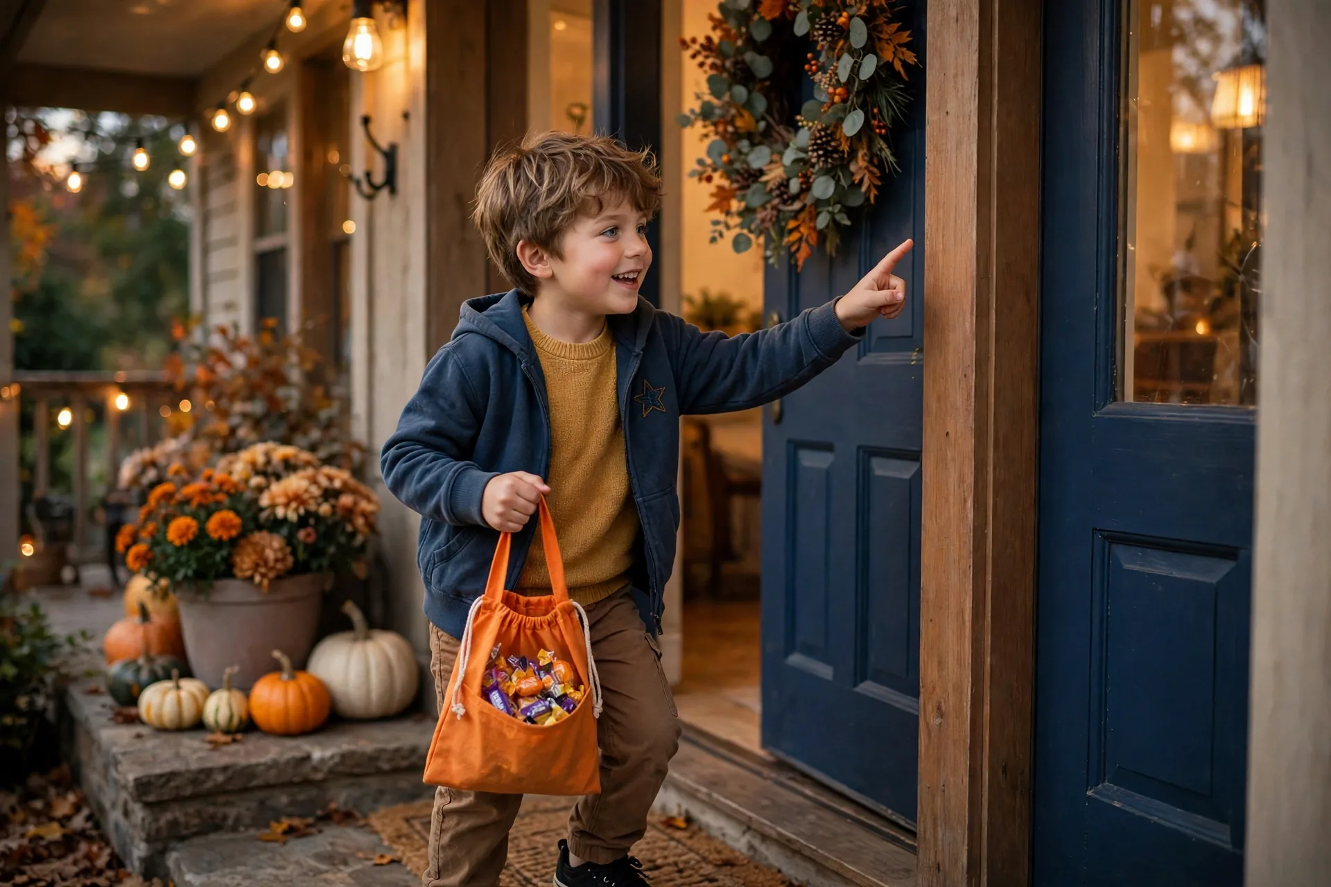 A child actor ringing an imaginary doorbell and holding out a candy bag while trick-or-treating