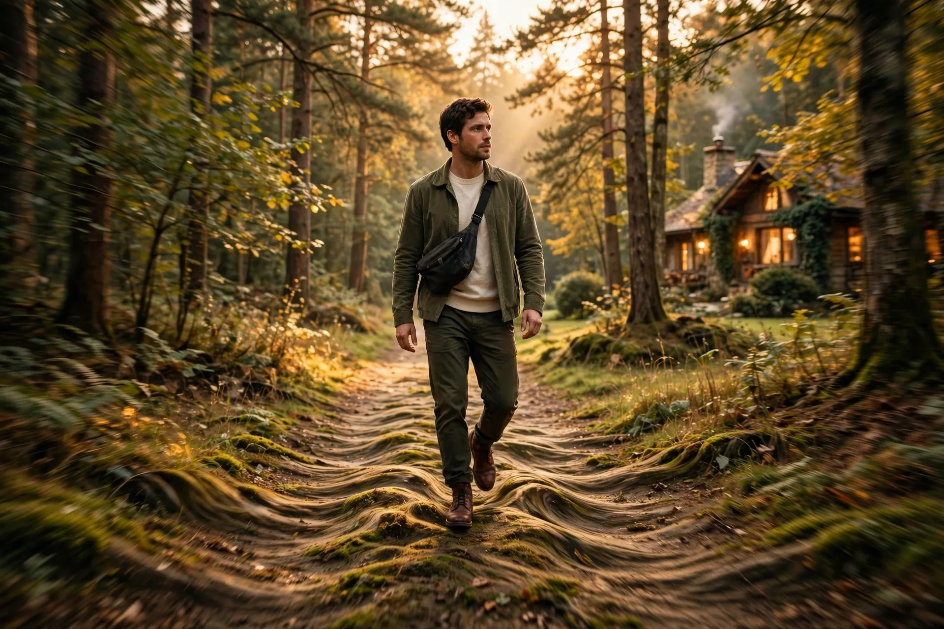 An actor walking along a forest path as the trees shift and the path moves underfoot
