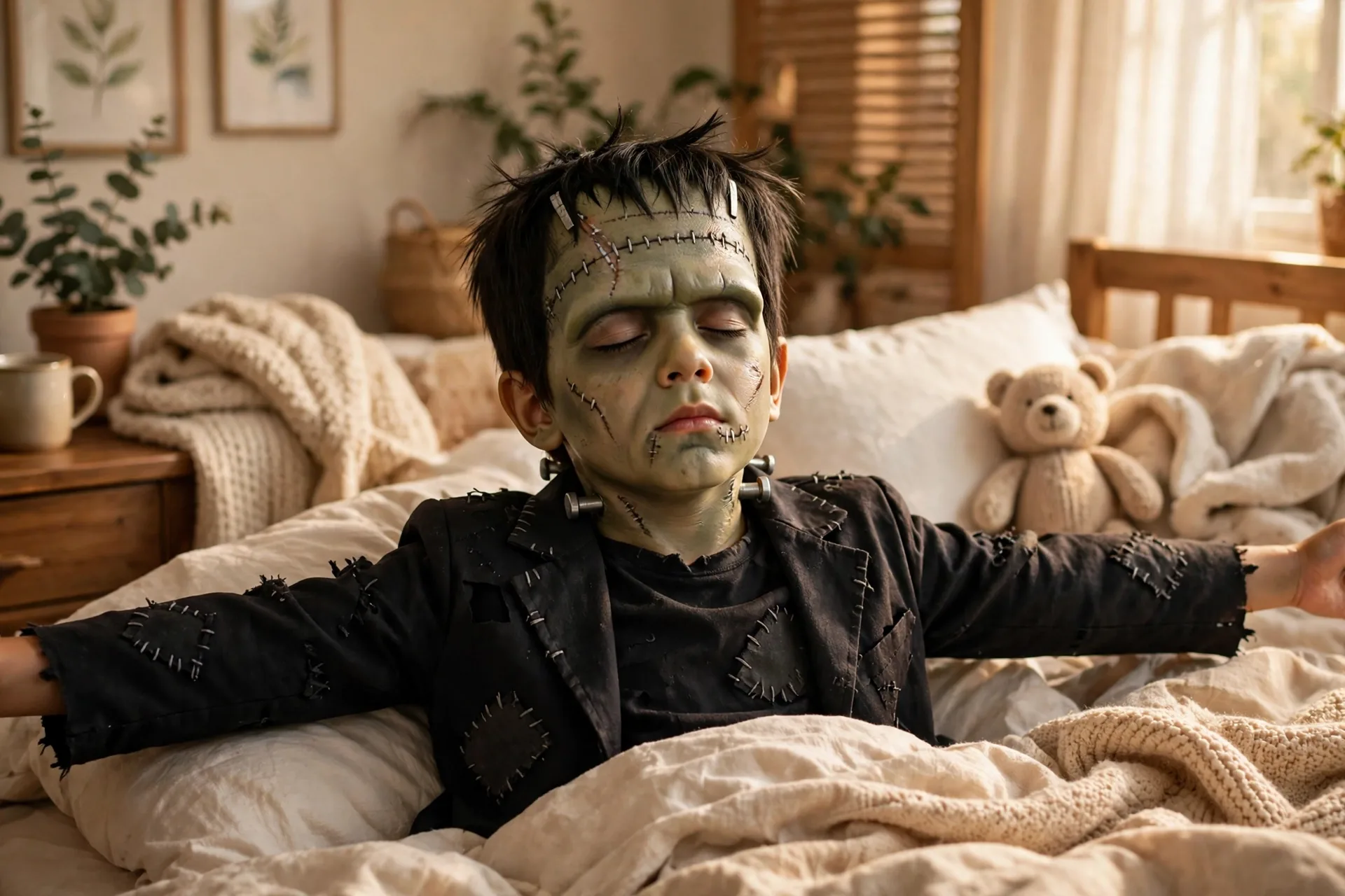 A child acting as Frankenstein's monster waking up stiff with arms out