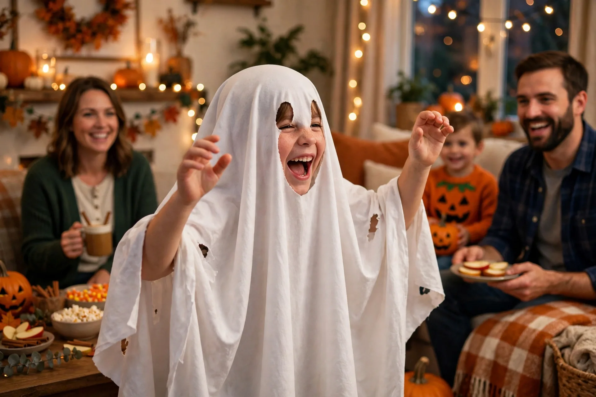 A child acting as a ghost saying boo with arms floating at a Halloween party