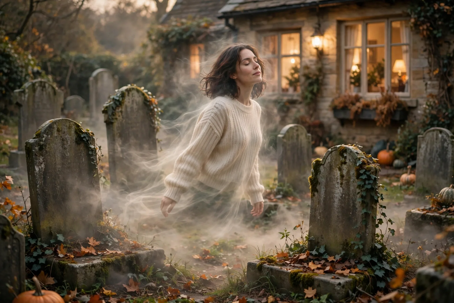 An actor drifting like a ghost between imaginary gravestones in a spooky graveyard