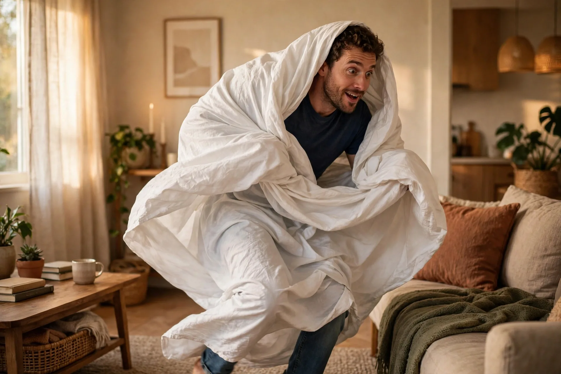 An actor wrapped in an imaginary sheet, stumbling around tangled up like a clumsy ghost
