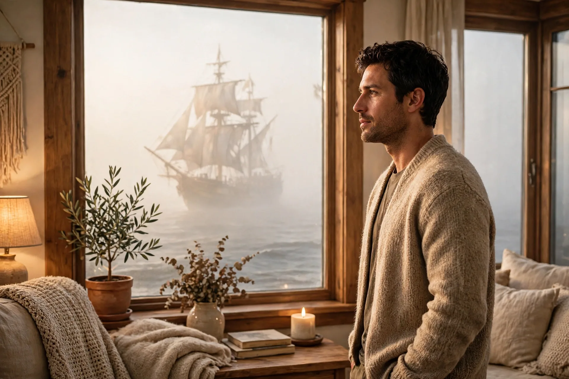 An actor standing like a ghost ship sailing slowly through thick fog on a dark sea