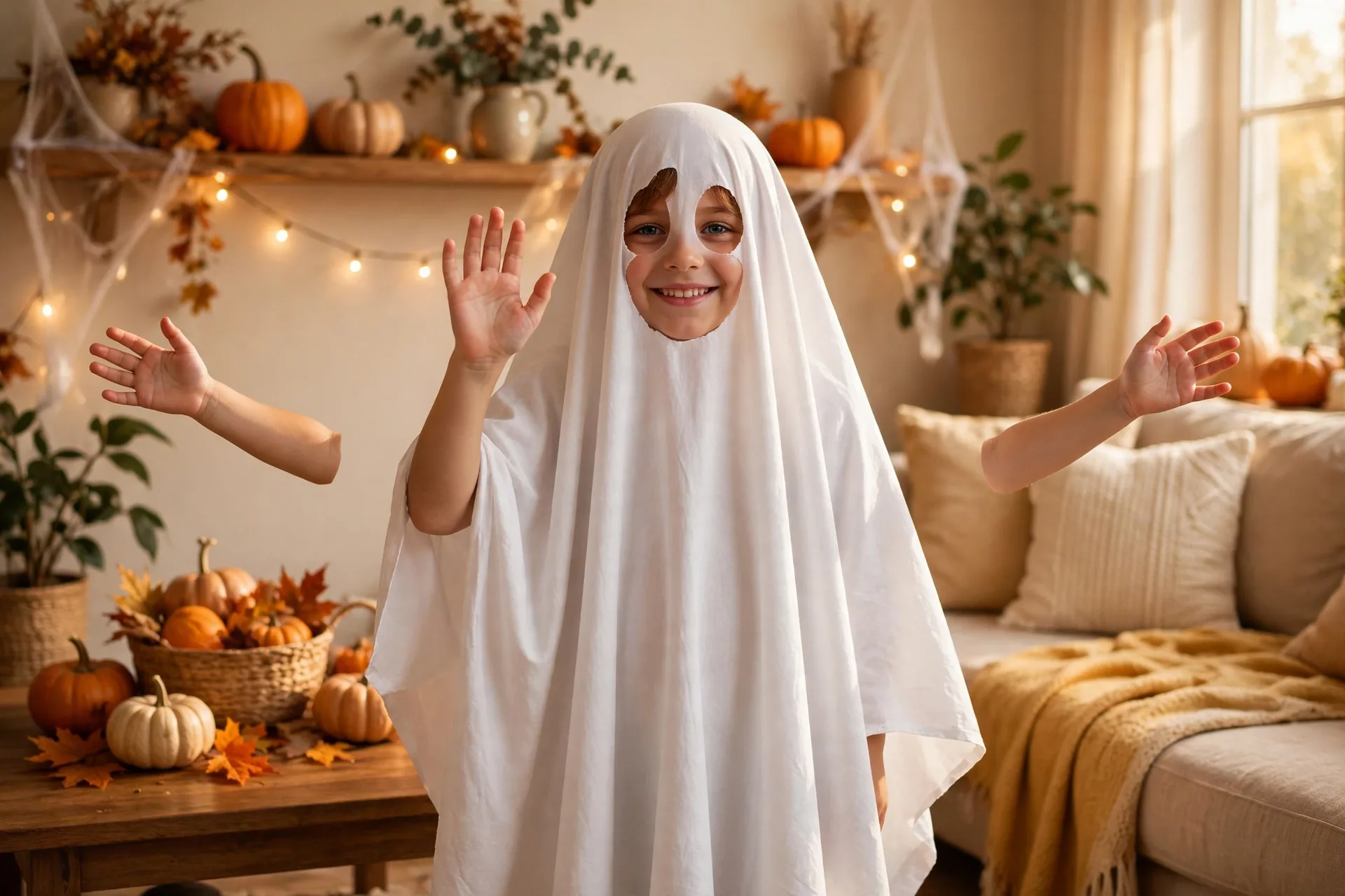 A child actor waving hello like a friendly ghost with arms floating at a Halloween party