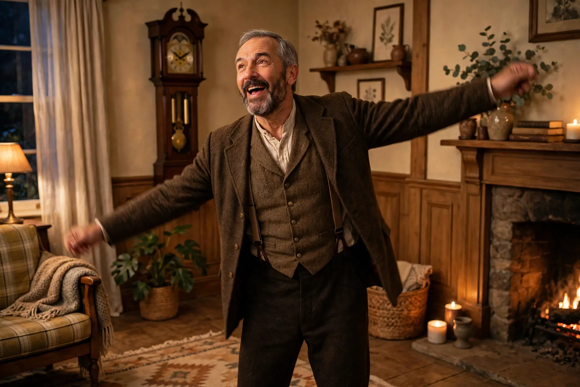 An actor standing tall like a grandfather clock, swinging arms like a pendulum and chiming midnight