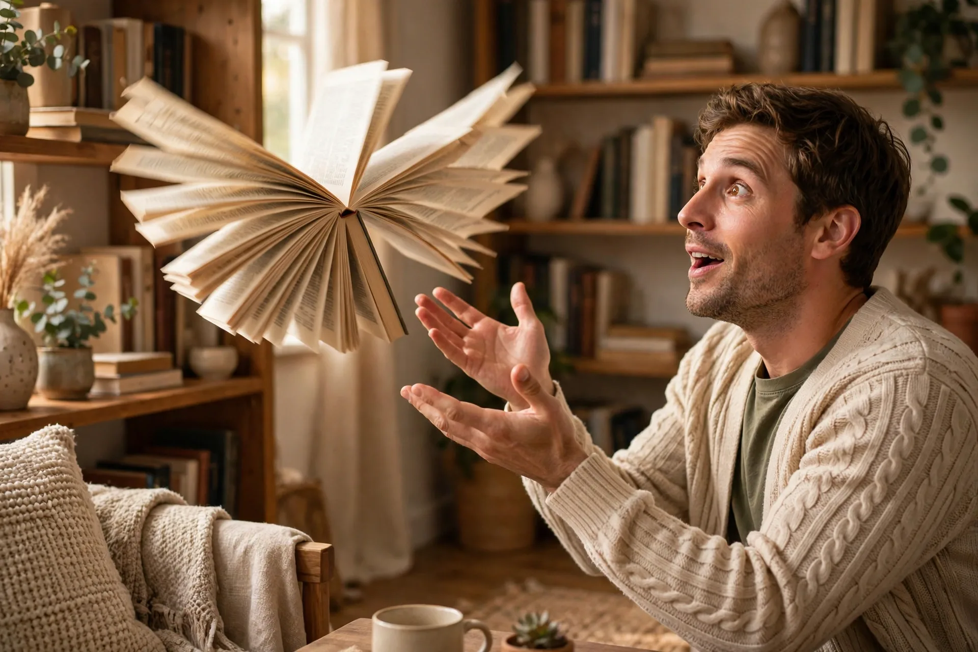 An actor miming a book flying off a library shelf and flapping its pages like wings