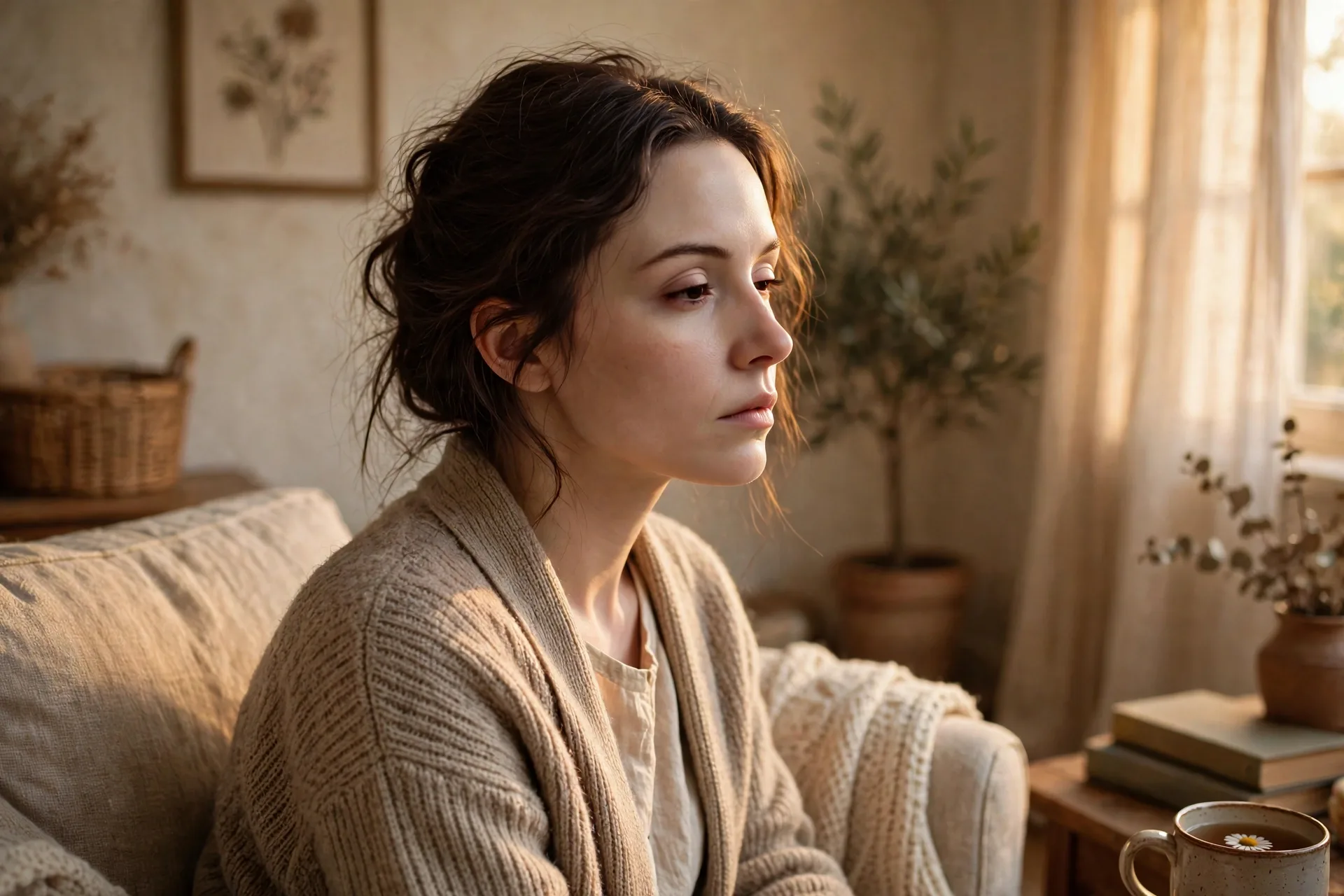 An actor sitting stiff like a haunted doll, then blinking slowly and turning its head
