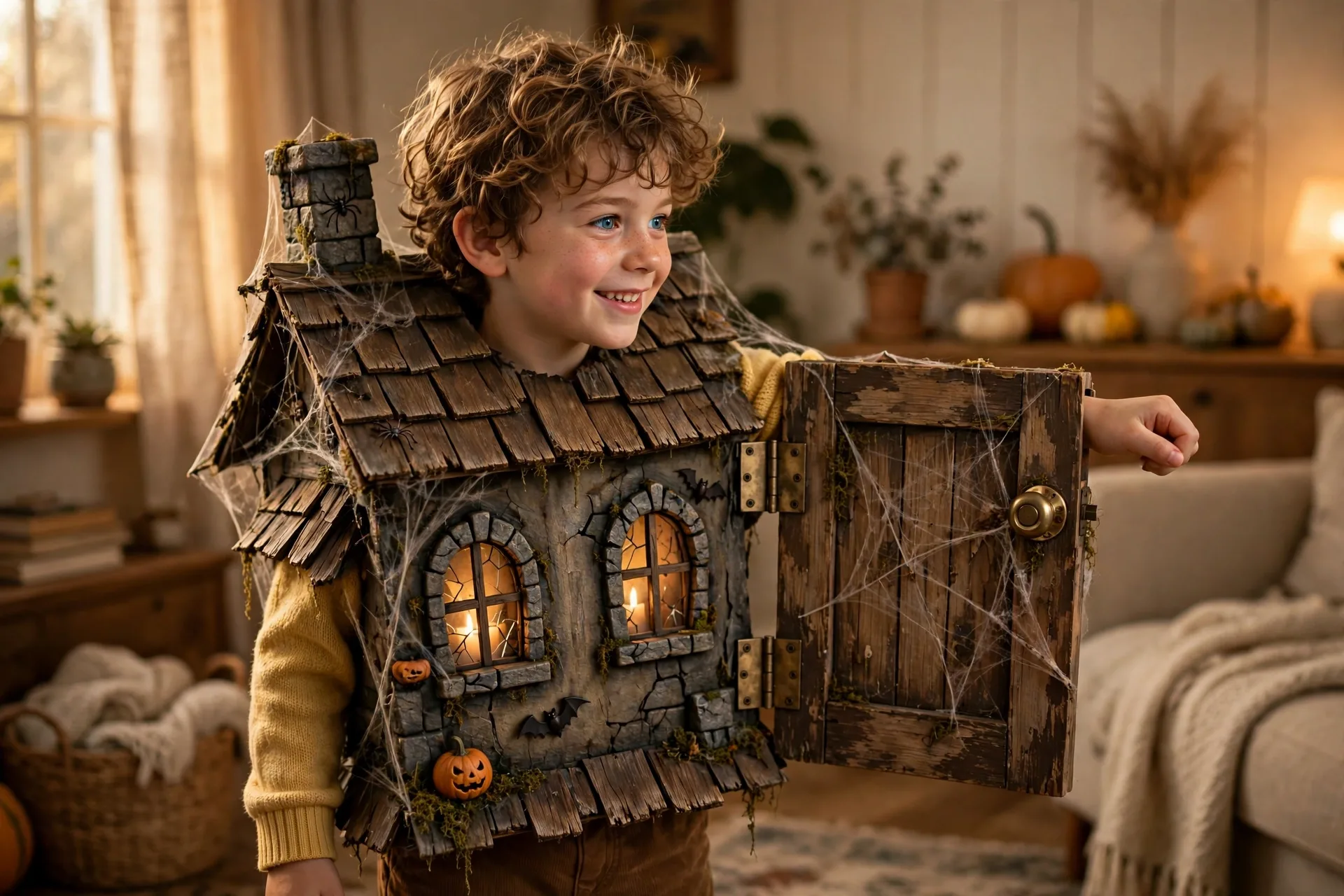 A child acting as a haunted house with one arm as a creaky door