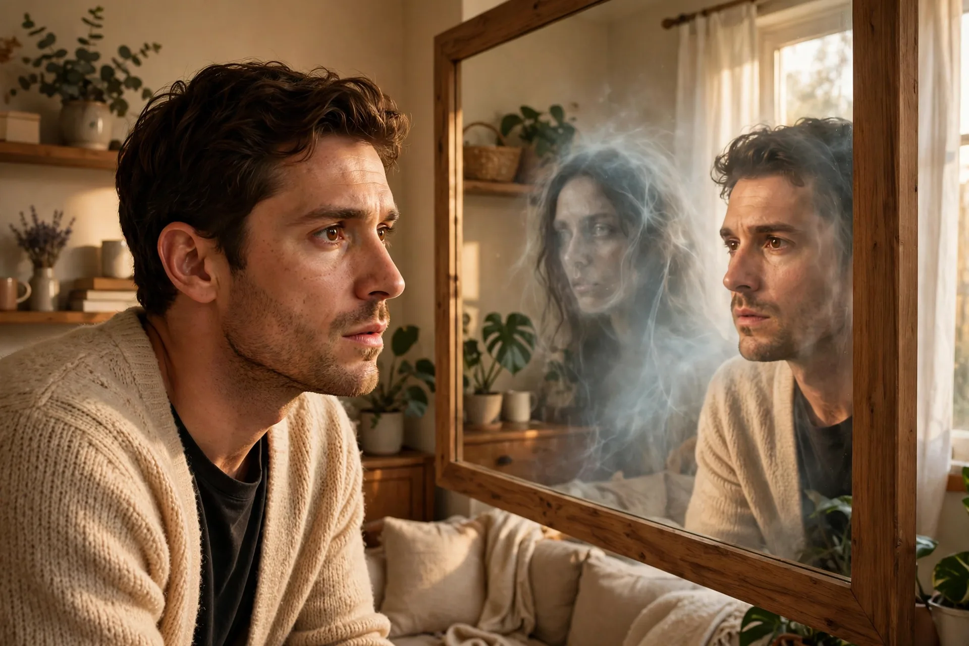 An actor staring into an imaginary mirror as a ghostly face appears behind their reflection